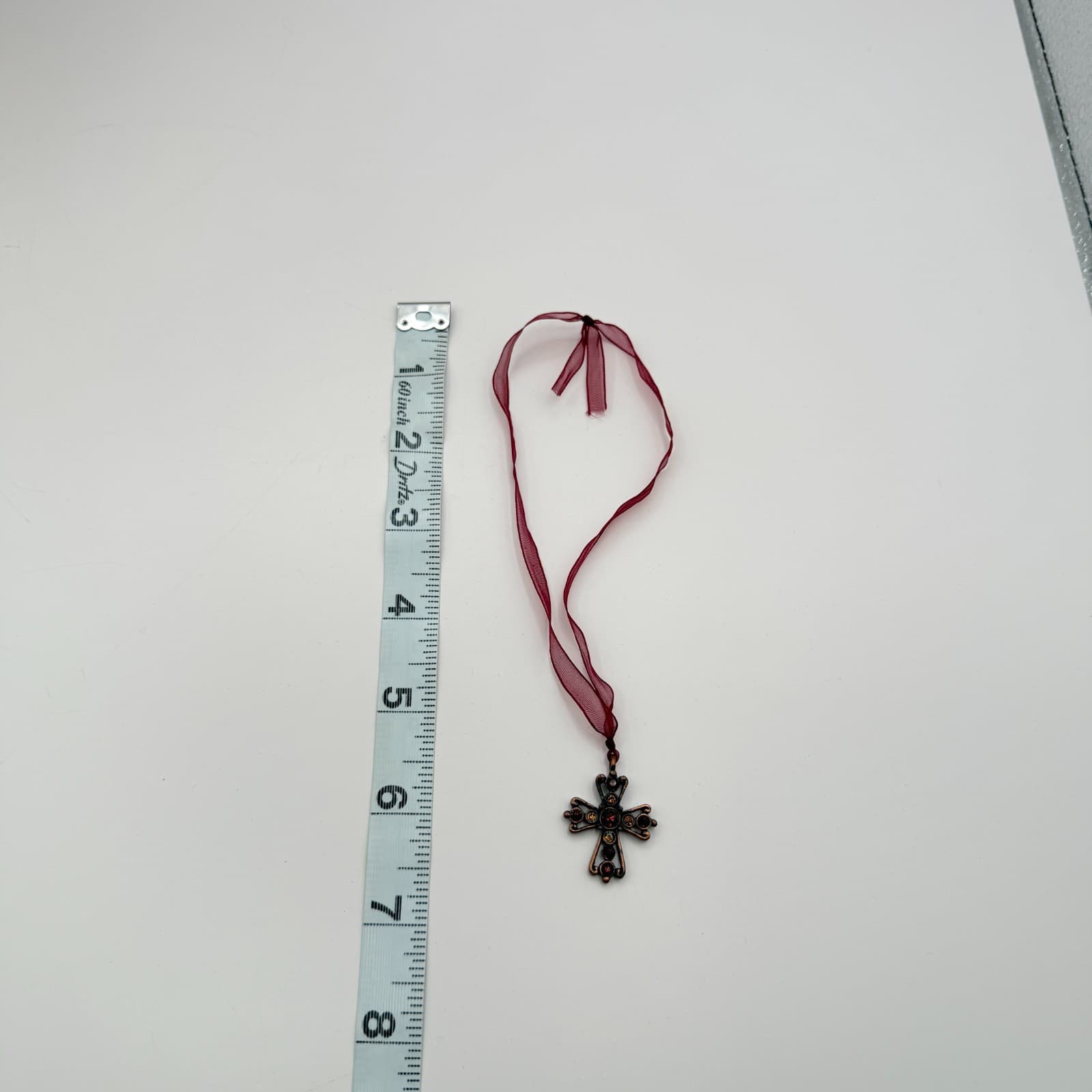 Vintage 90s Copper Tone Cross Pendant Red Glass Choker Necklace Fashion Jewelry - Thumbnail 8