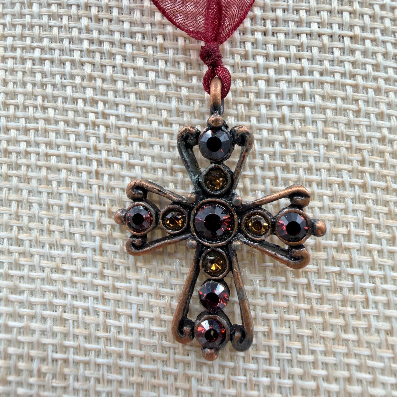Vintage 90s Copper Tone Cross Pendant Red Glass Choker Necklace Fashion Jewelry - Image 1