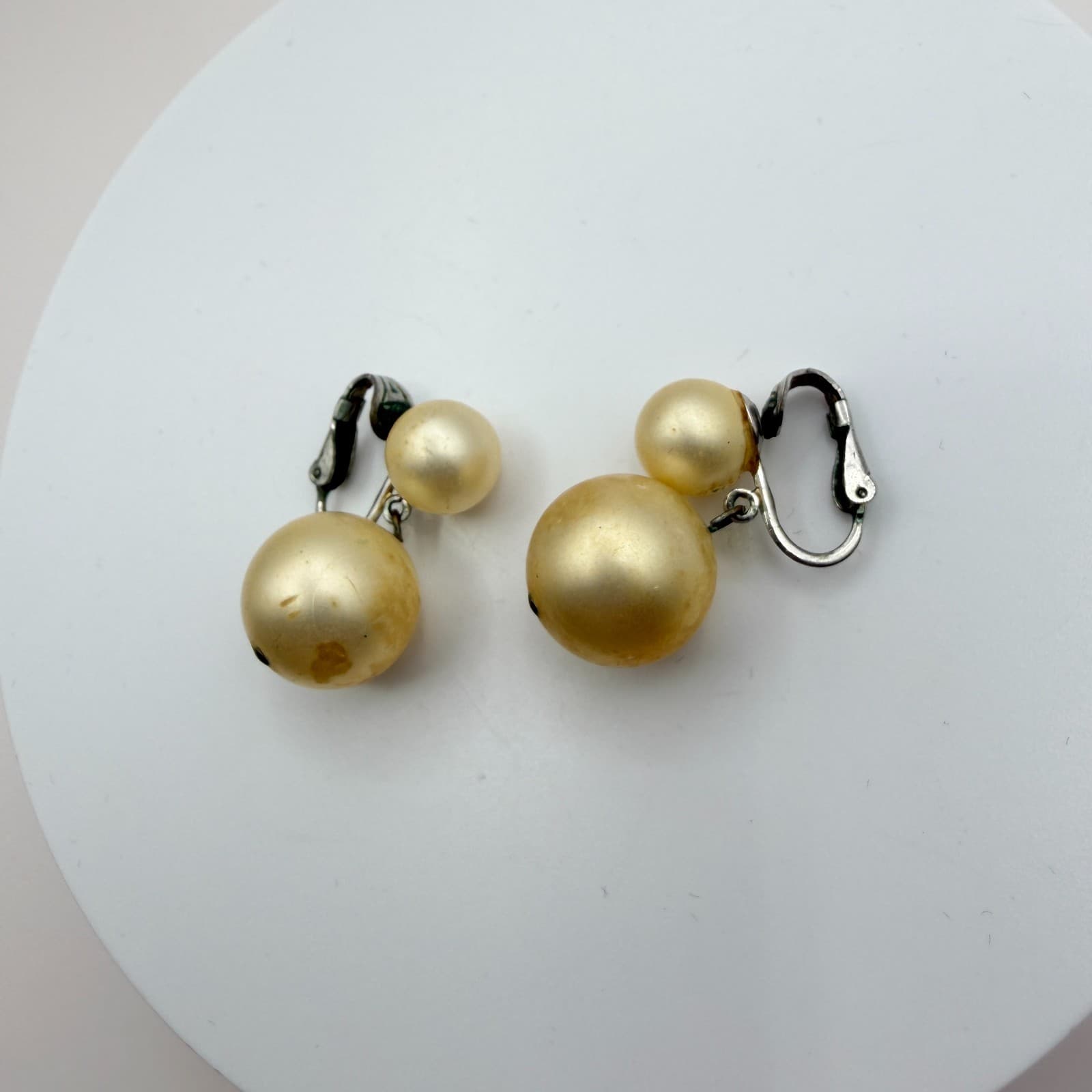 Vintage 90s Silver Tone Double Cream Faux Pearl Earrings Women's Classic Jewelry - Thumbnail 5