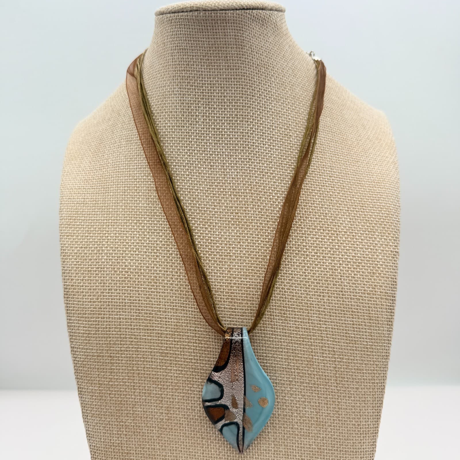 Vintage Y2K Silk Ribbon Murano Glass Pendant Necklace Women's Classic Jewelry - Thumbnail 6