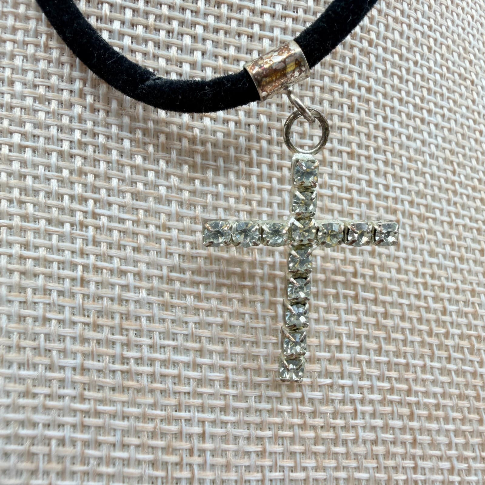 Vintage 90s Silver Tone Clear Glass Cross Pendant Necklace Black Cord Choker - Image 1