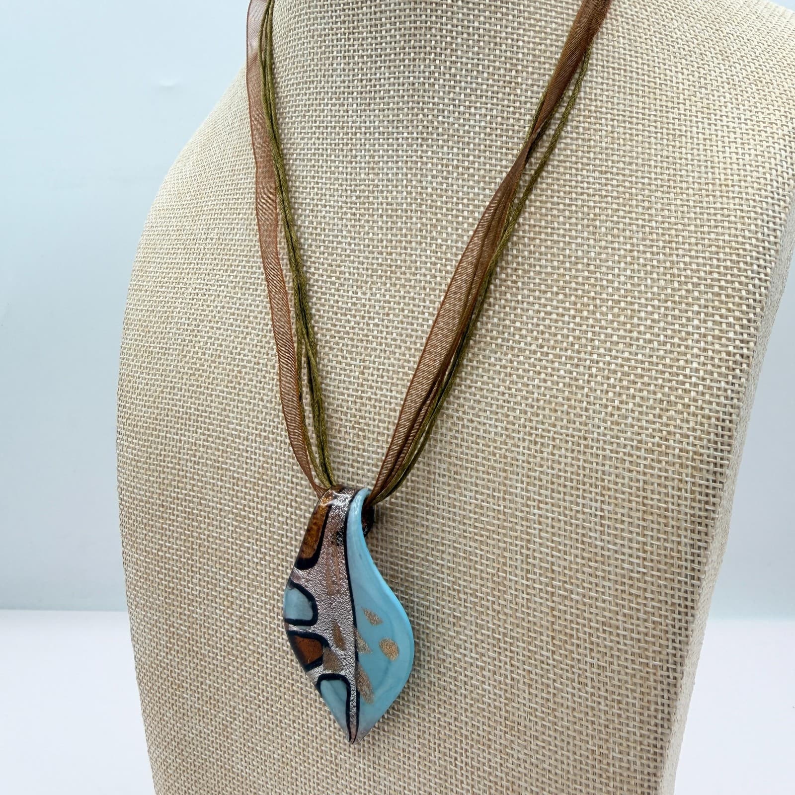 Vintage Y2K Silk Ribbon Murano Glass Pendant Necklace Women's Classic Jewelry - Thumbnail 5