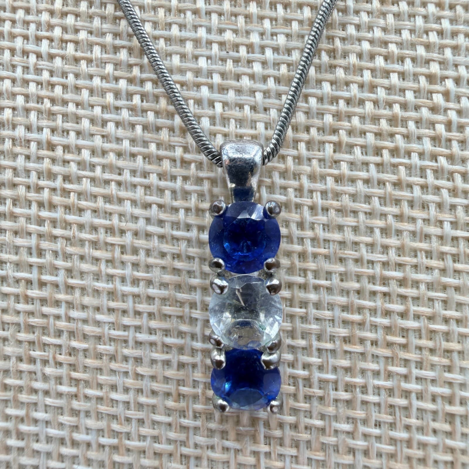 Vintage 90s Silver Tone Blue & White Glass Drop Pendant Snake Chain Necklace - Image 1