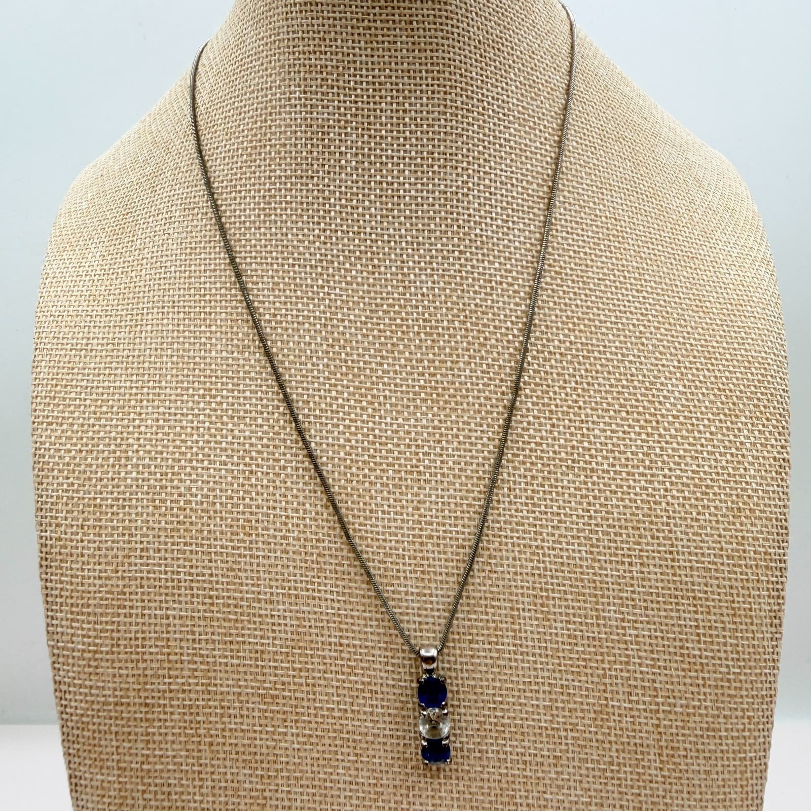 Vintage 90s Silver Tone Blue & White Glass Drop Pendant Snake Chain Necklace - Thumbnail 7