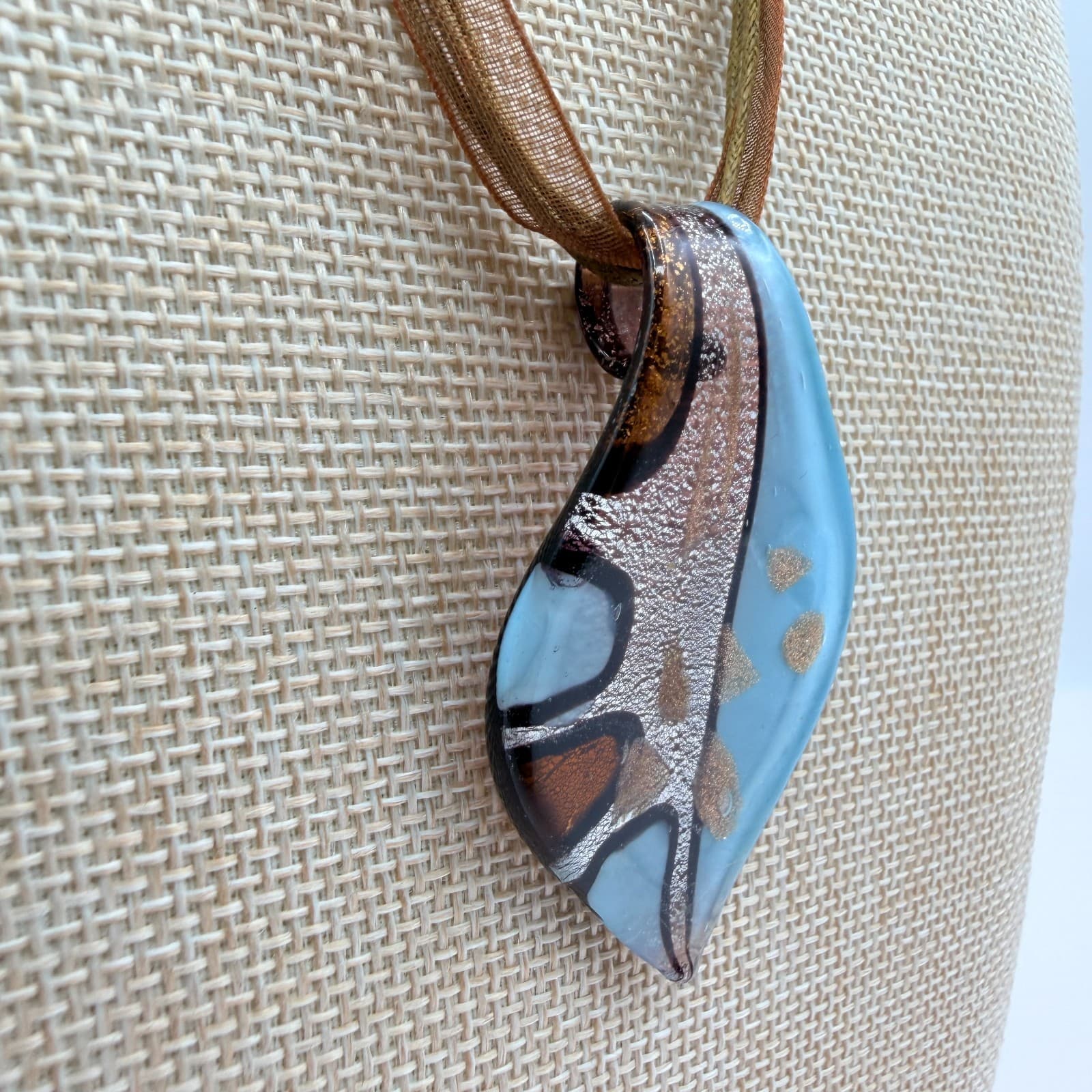 Vintage Y2K Silk Ribbon Murano Glass Pendant Necklace Women's Classic Jewelry - Thumbnail 4