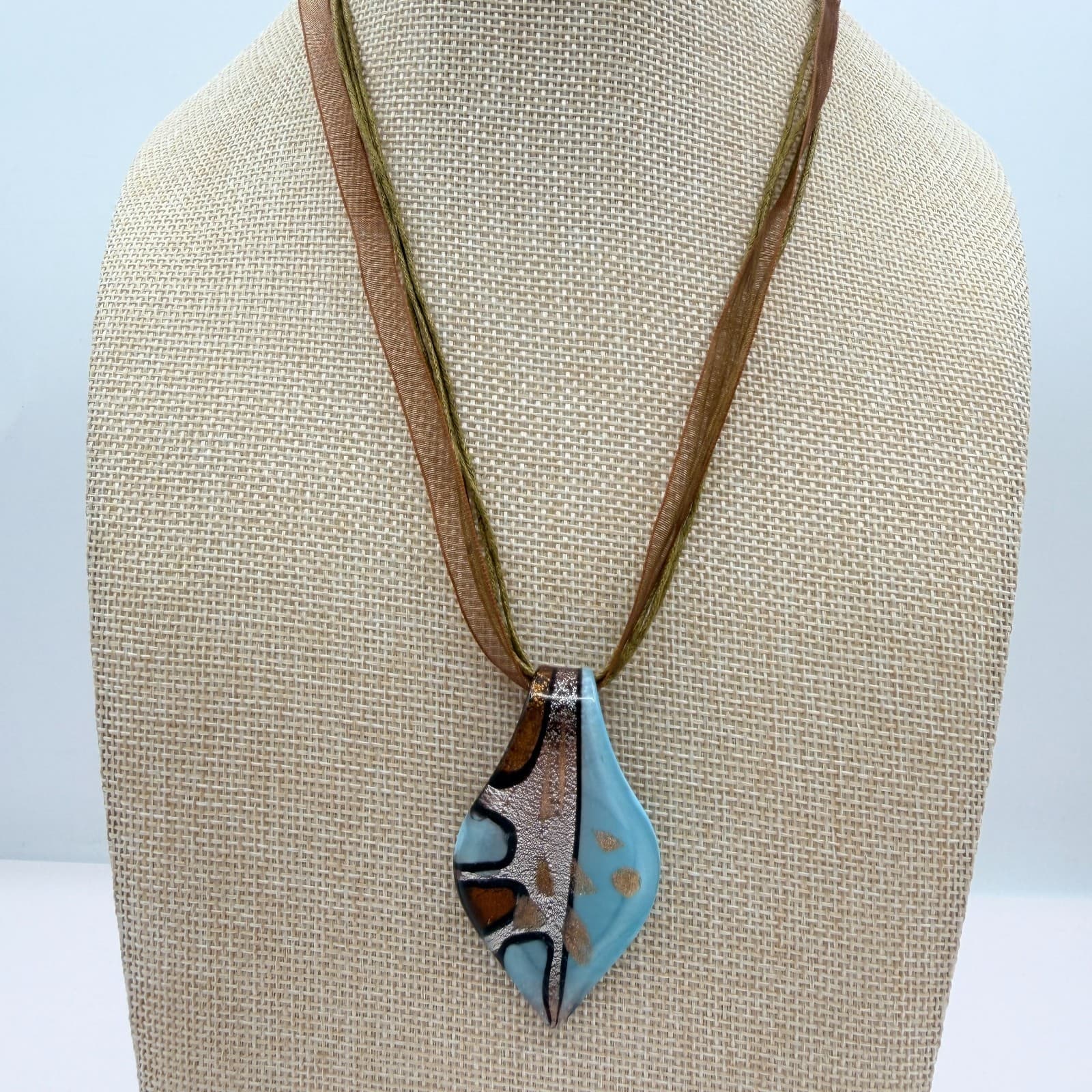 Vintage Y2K Silk Ribbon Murano Glass Pendant Necklace Women's Classic Jewelry - Thumbnail 2