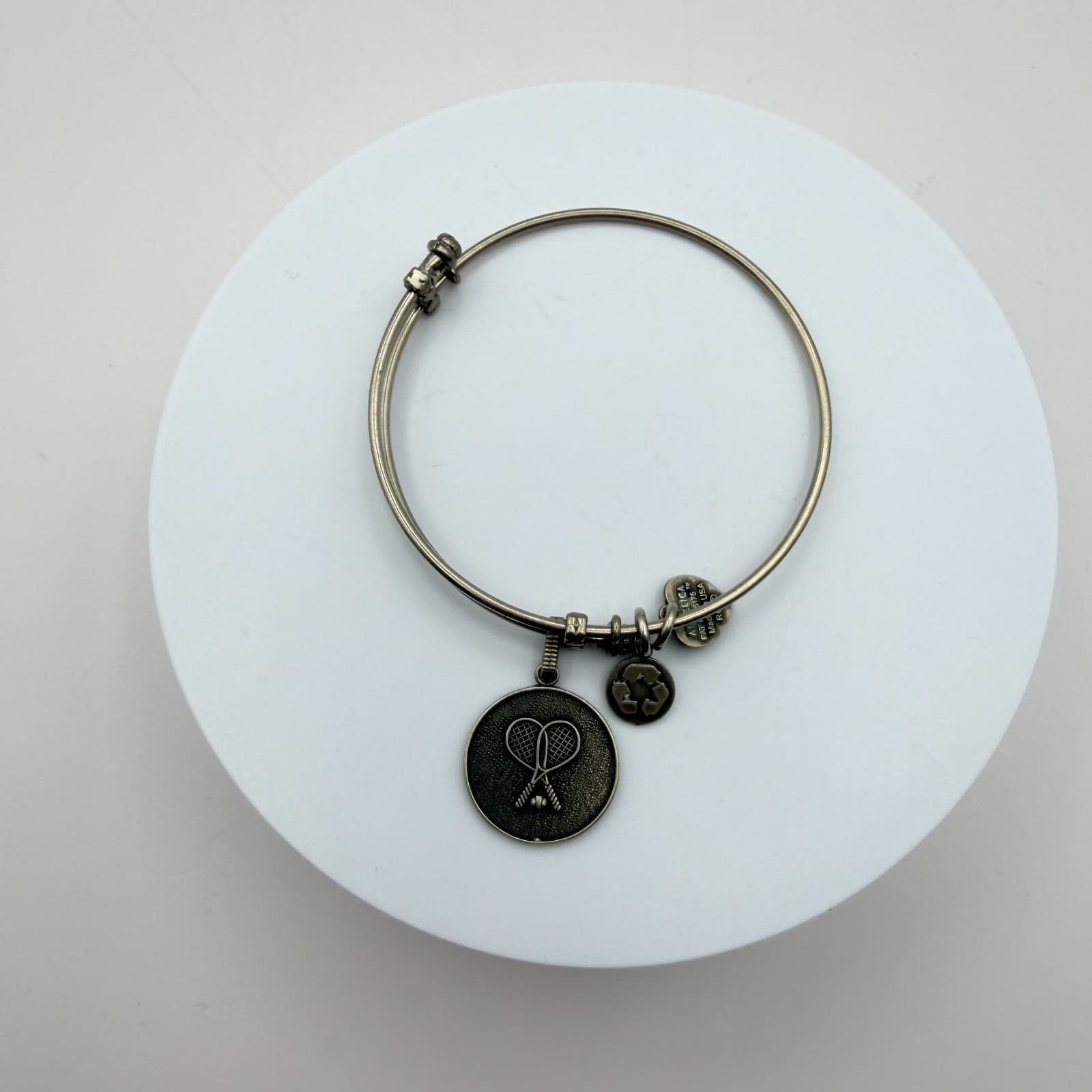Vintage Y2K Silver Tone Tennis Racket Charm Bangle Bracelet Women's Jewelry - Thumbnail 2