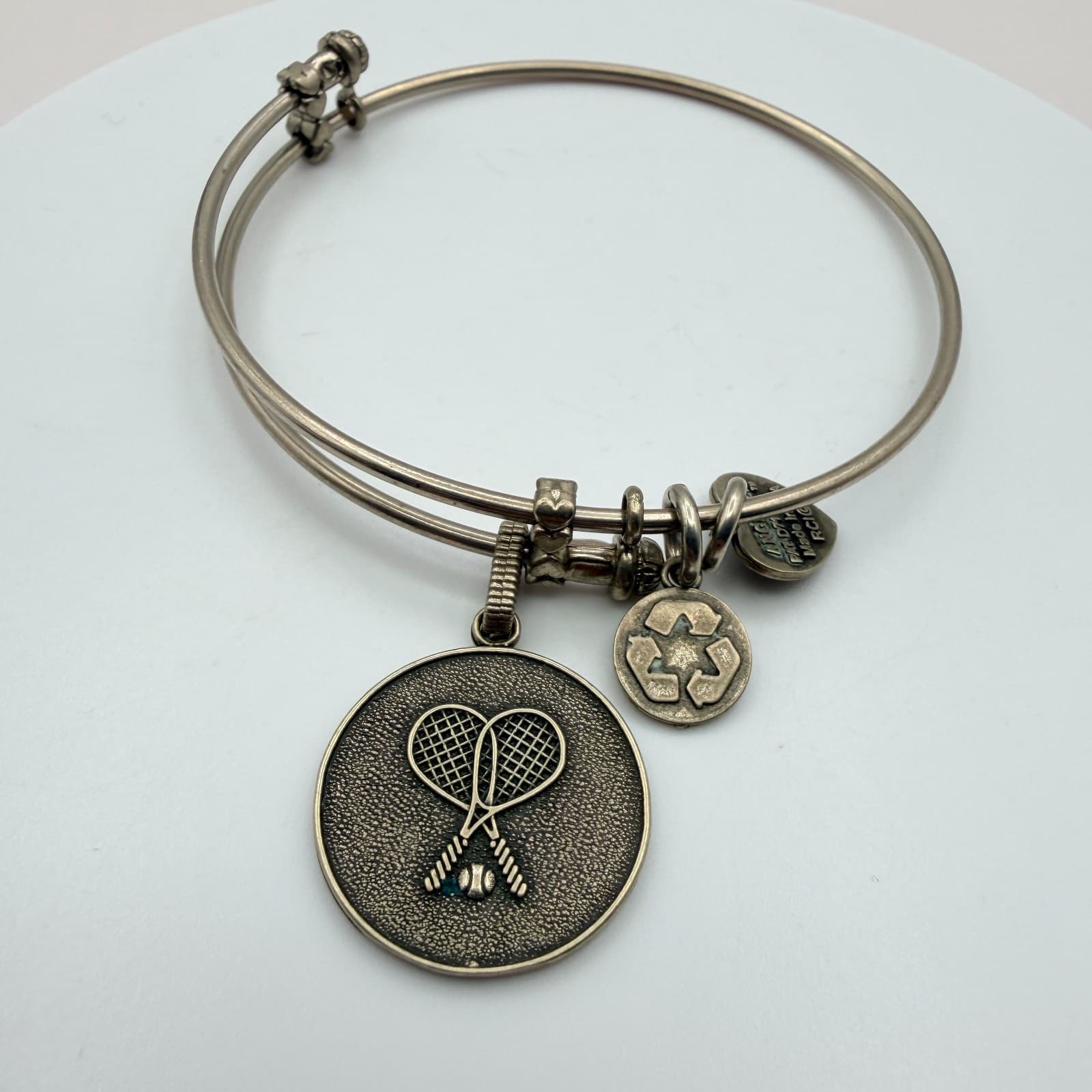 Vintage Y2K Silver Tone Tennis Racket Charm Bangle Bracelet Women's Jewelry - Image 1