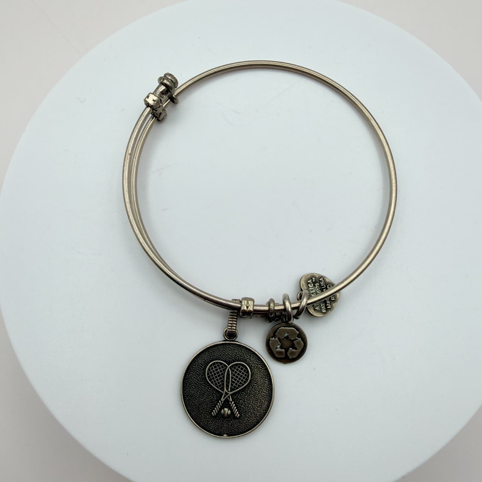 Vintage Y2K Silver Tone Tennis Racket Charm Bangle Bracelet Women's Jewelry - Thumbnail 3