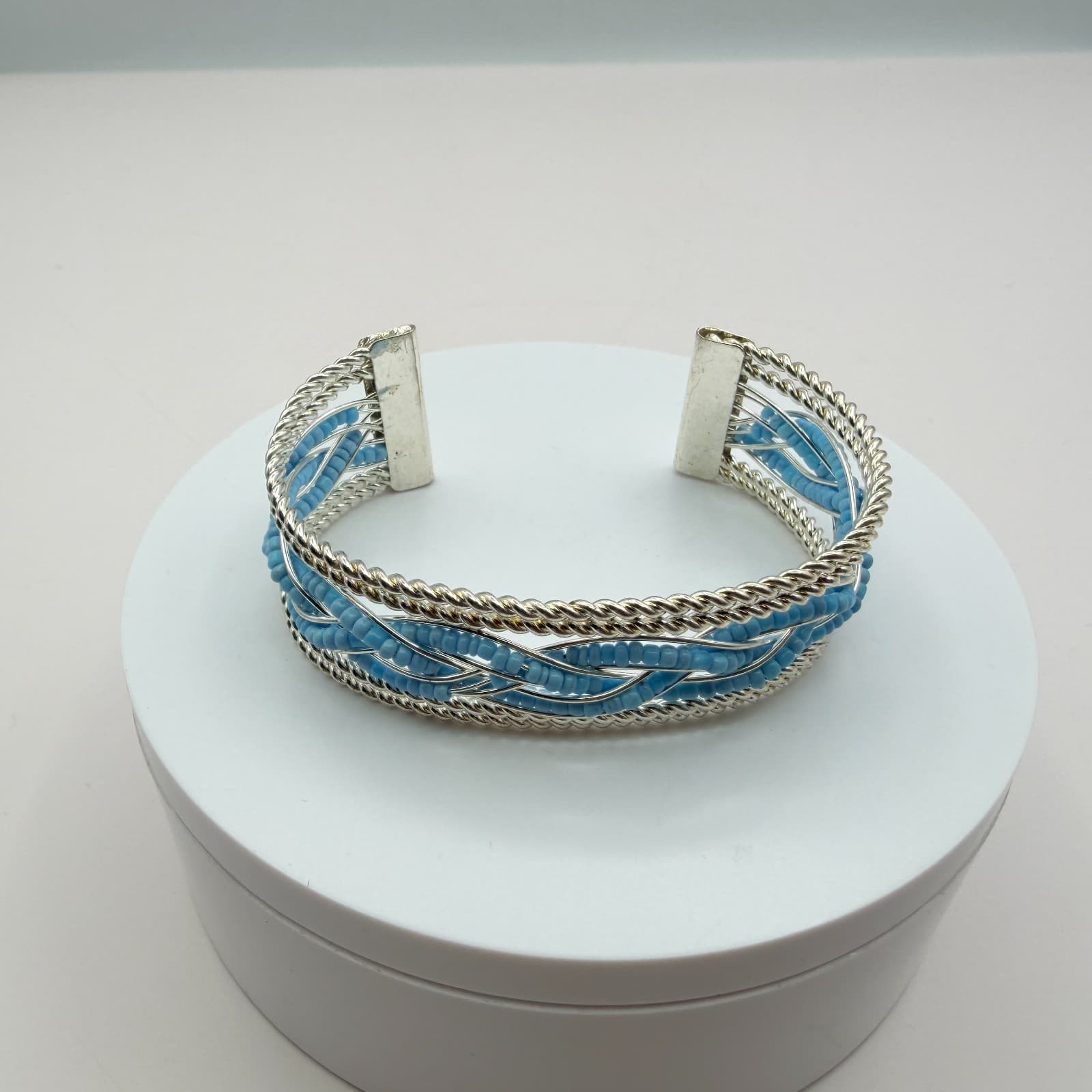 Vintage Y2K Silver Tone Braided Blue Seed Beaded Cuff Bracelet Women's Jewelry - Thumbnail 2