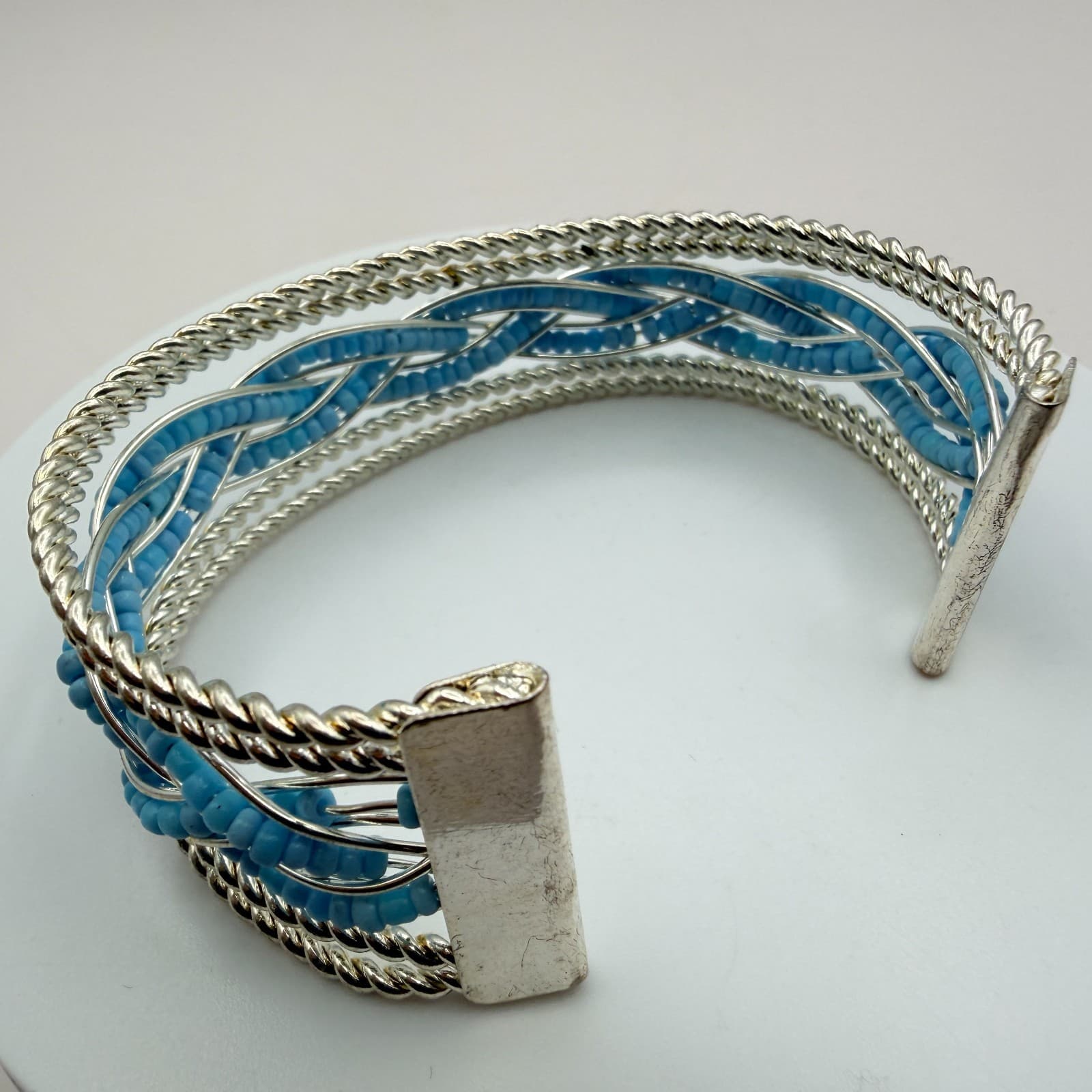 Vintage Y2K Silver Tone Braided Blue Seed Beaded Cuff Bracelet Women's Jewelry - Thumbnail 7