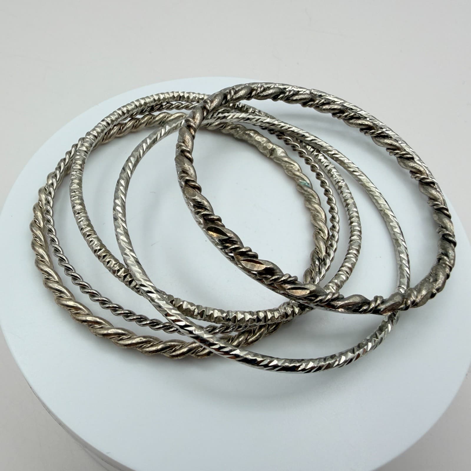Vintage 90s Silver Tone Twisted Stack Bangles Set Women's Fashion Jewelry - Image 1