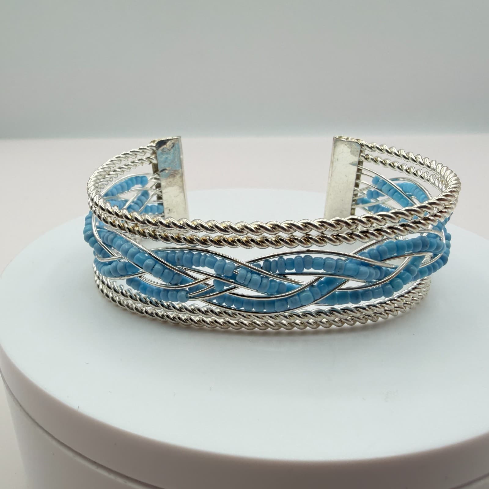 Vintage Y2K Silver Tone Braided Blue Seed Beaded Cuff Bracelet Women's Jewelry - Thumbnail 5