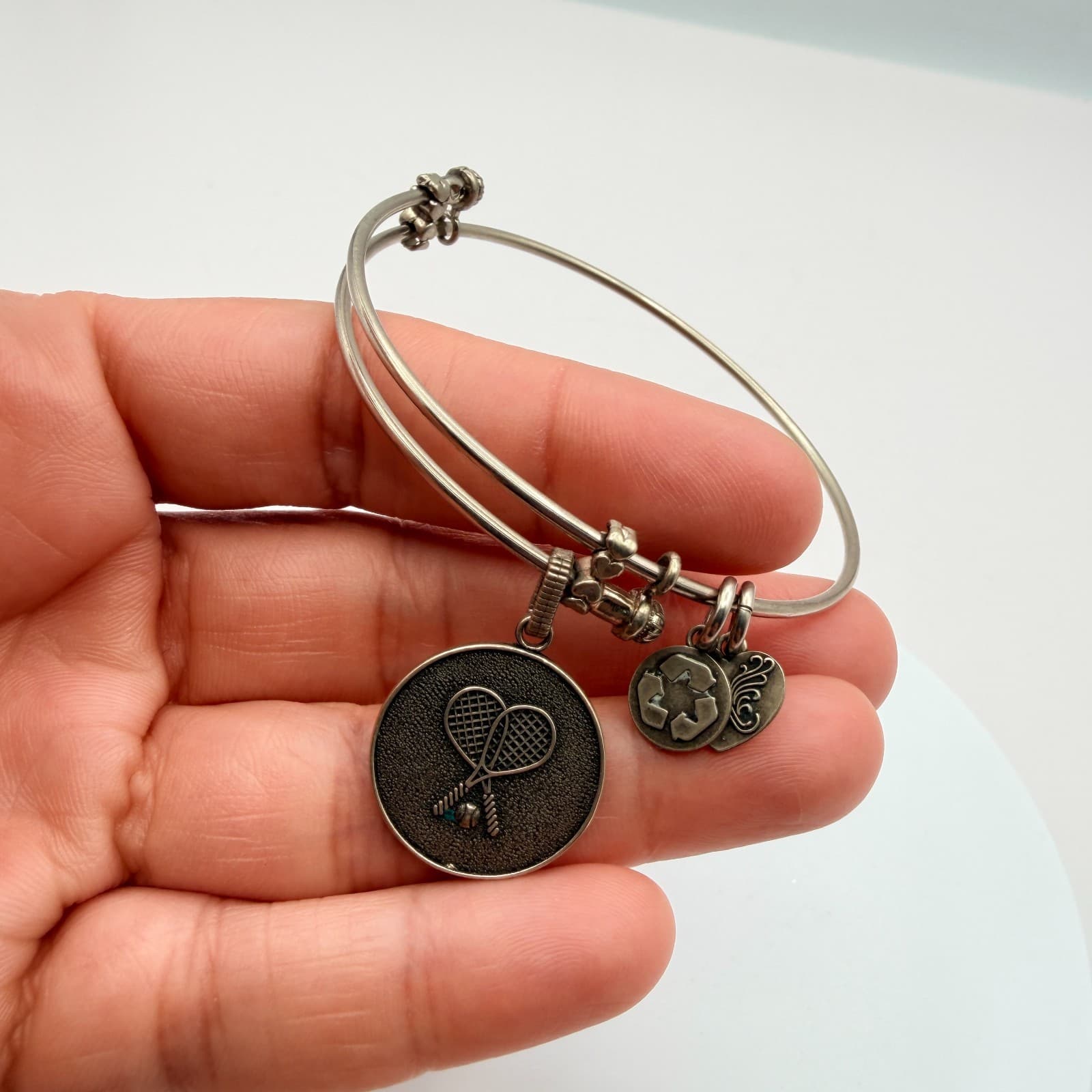 Vintage Y2K Silver Tone Tennis Racket Charm Bangle Bracelet Women's Jewelry - Thumbnail 8