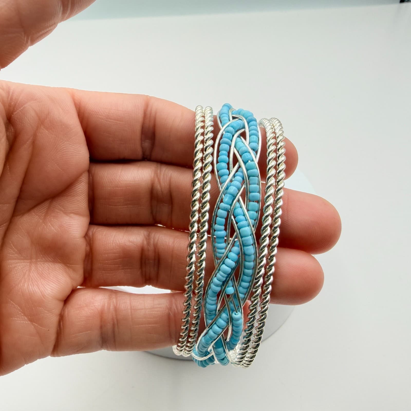 Vintage Y2K Silver Tone Braided Blue Seed Beaded Cuff Bracelet Women's Jewelry - Thumbnail 9