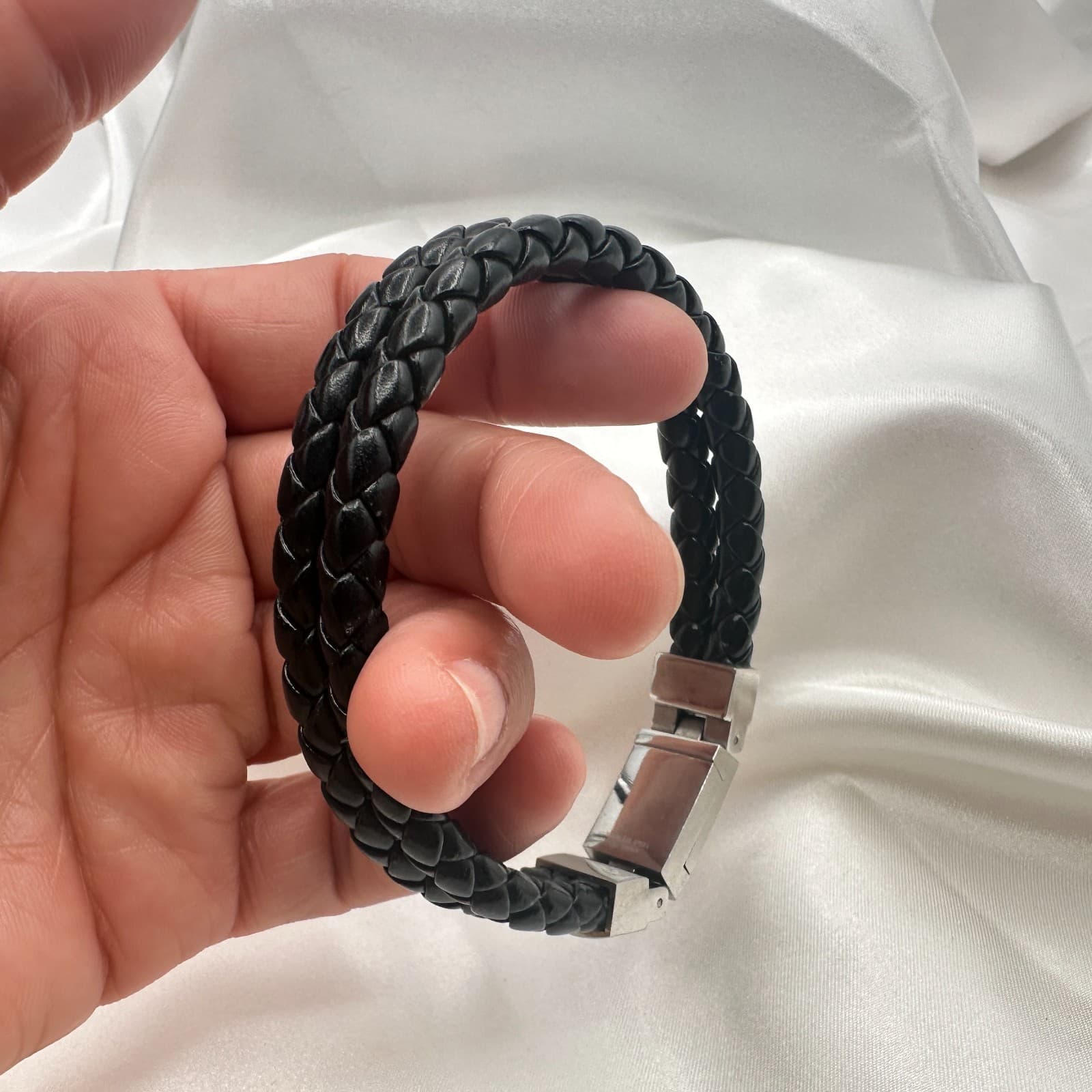 Vintage Y2K Black Double Strand Leather Braided Bracelet Silver Tone Jewelry - Thumbnail 8