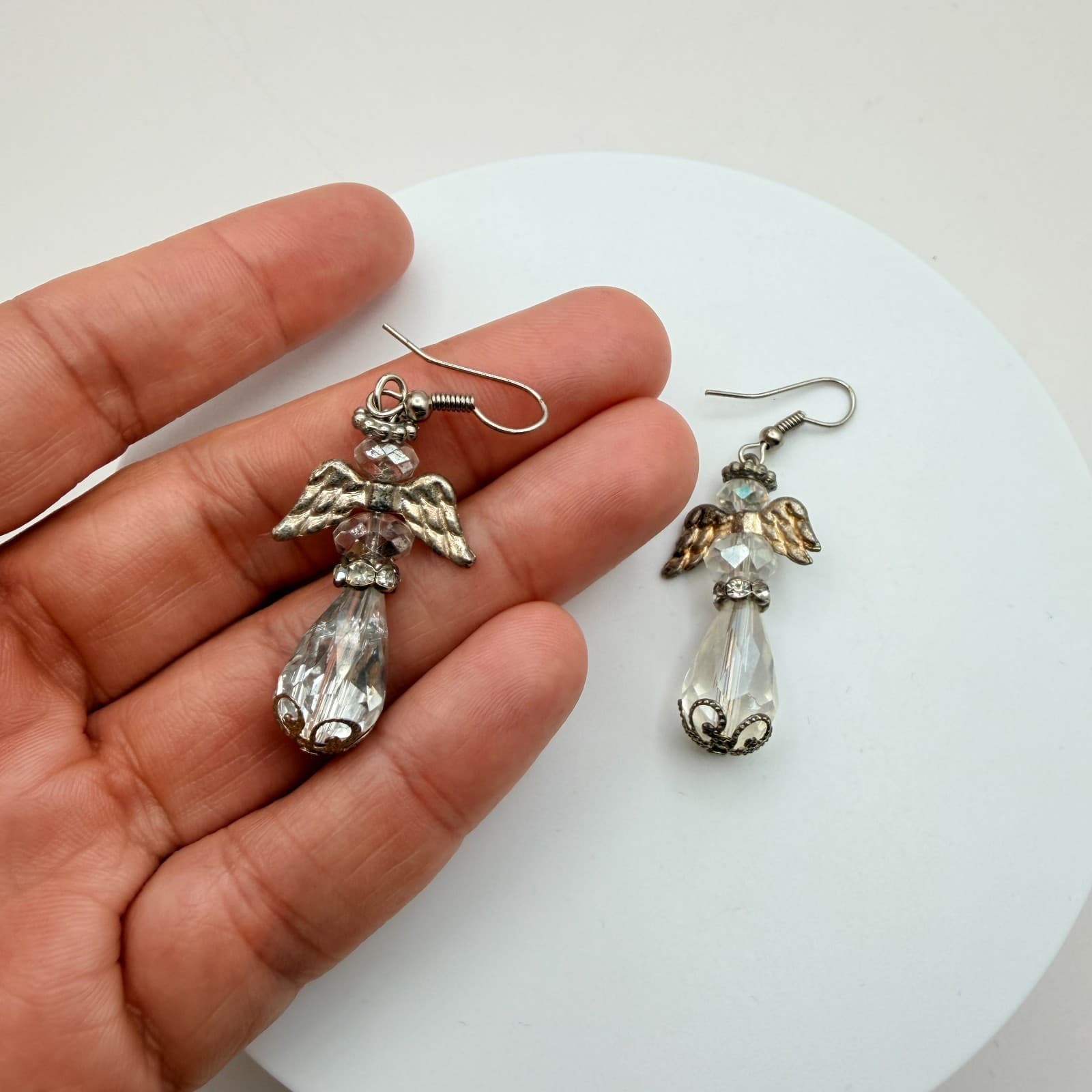 Vintage 90s Silver Tone Guardian Angel Dangle Earrings Clear Glass Teardrop - Thumbnail 6
