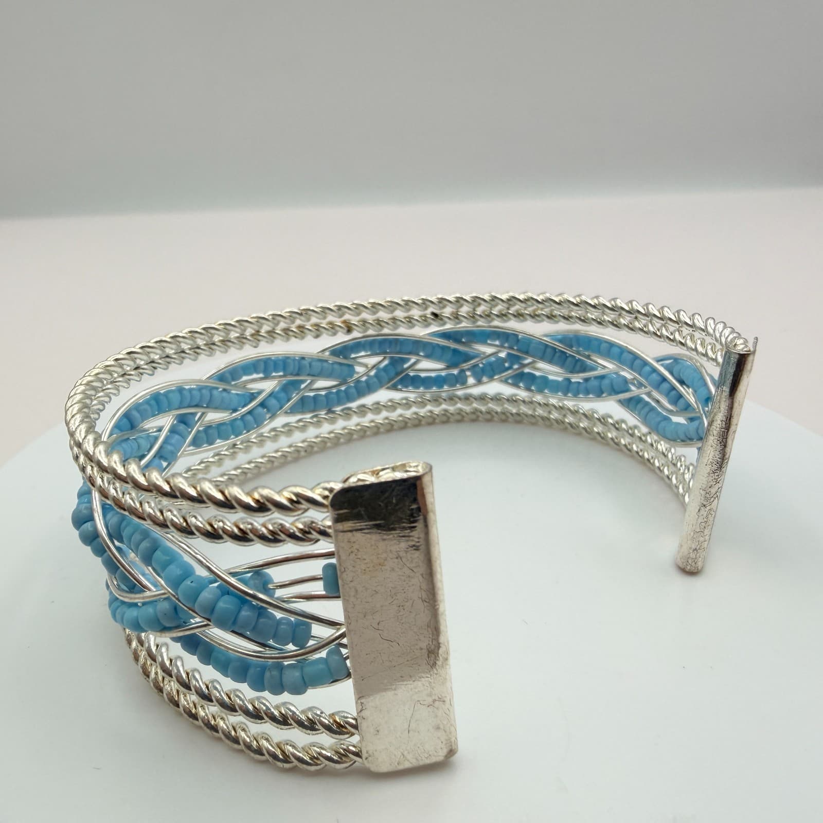 Vintage Y2K Silver Tone Braided Blue Seed Beaded Cuff Bracelet Women's Jewelry - Thumbnail 6
