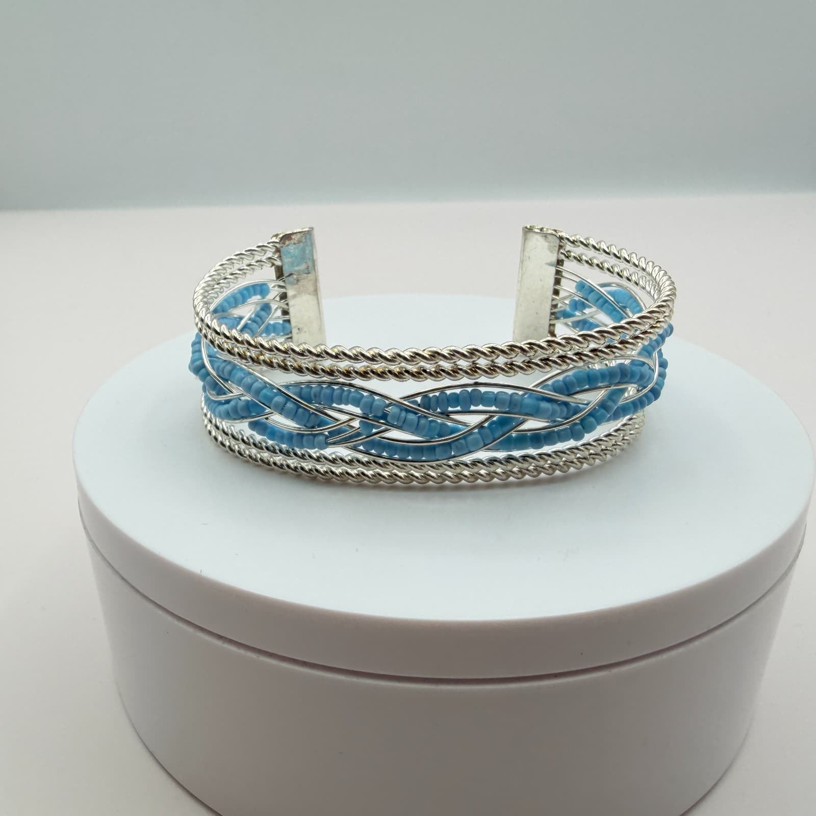 Vintage Y2K Silver Tone Braided Blue Seed Beaded Cuff Bracelet Women's Jewelry - Thumbnail 3