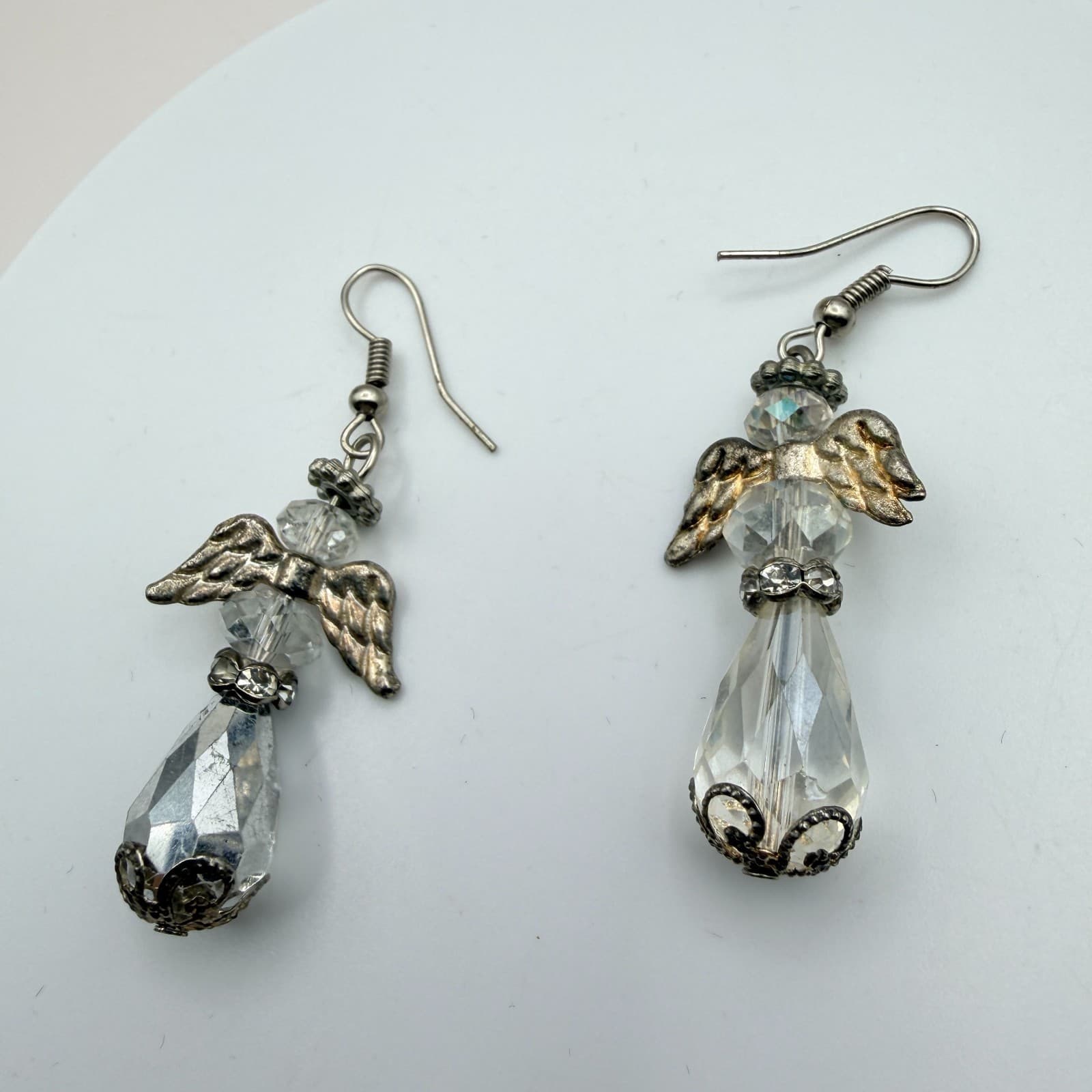 Vintage 90s Silver Tone Guardian Angel Dangle Earrings Clear Glass Teardrop - Thumbnail 5