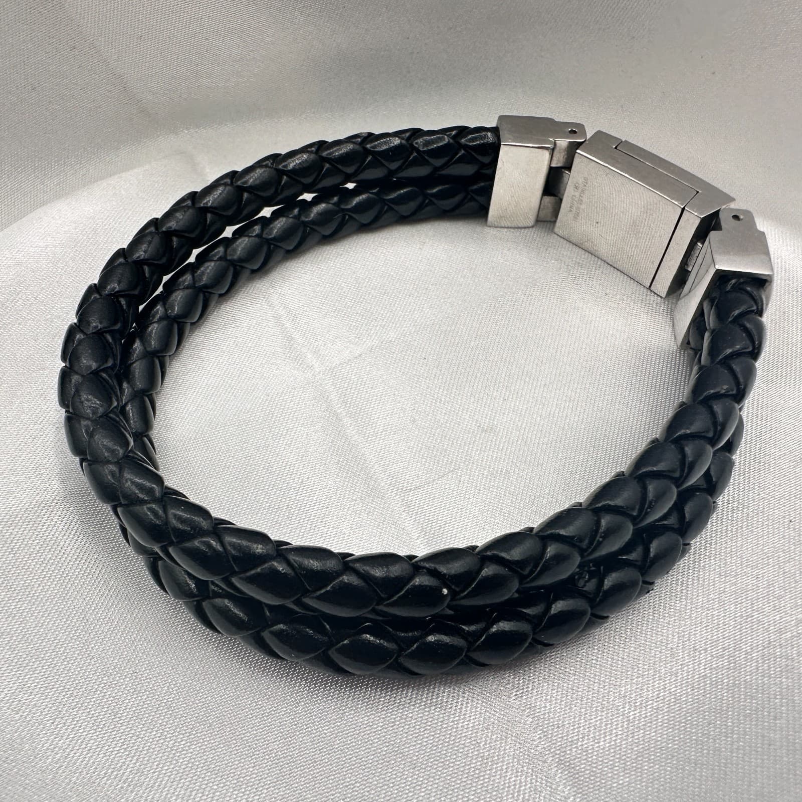 Vintage Y2K Black Double Strand Leather Braided Bracelet Silver Tone Jewelry - Thumbnail 2