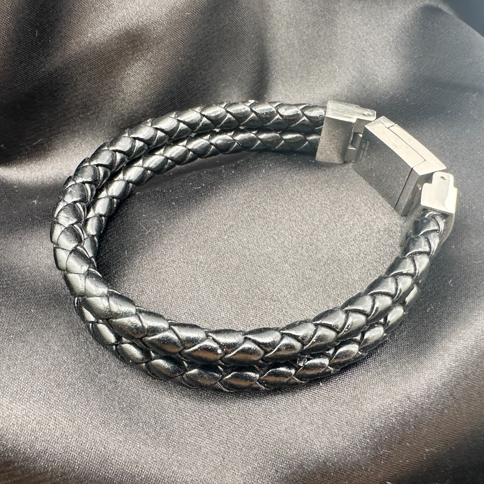 Vintage Y2K Black Double Strand Leather Braided Bracelet Silver Tone Jewelry - Thumbnail 6