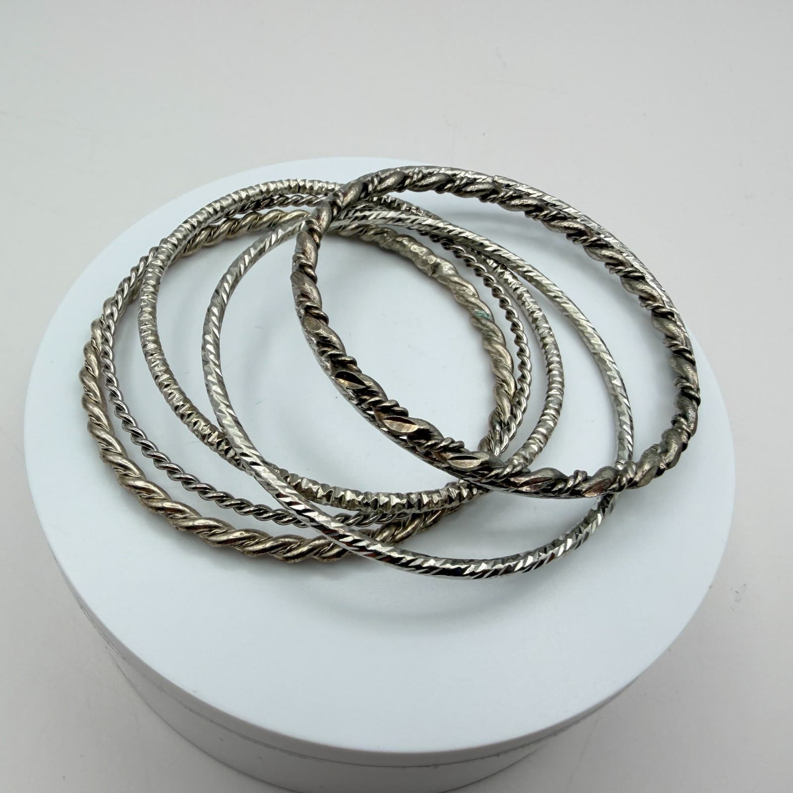 Vintage 90s Silver Tone Twisted Stack Bangles Set Women's Fashion Jewelry - Thumbnail 2