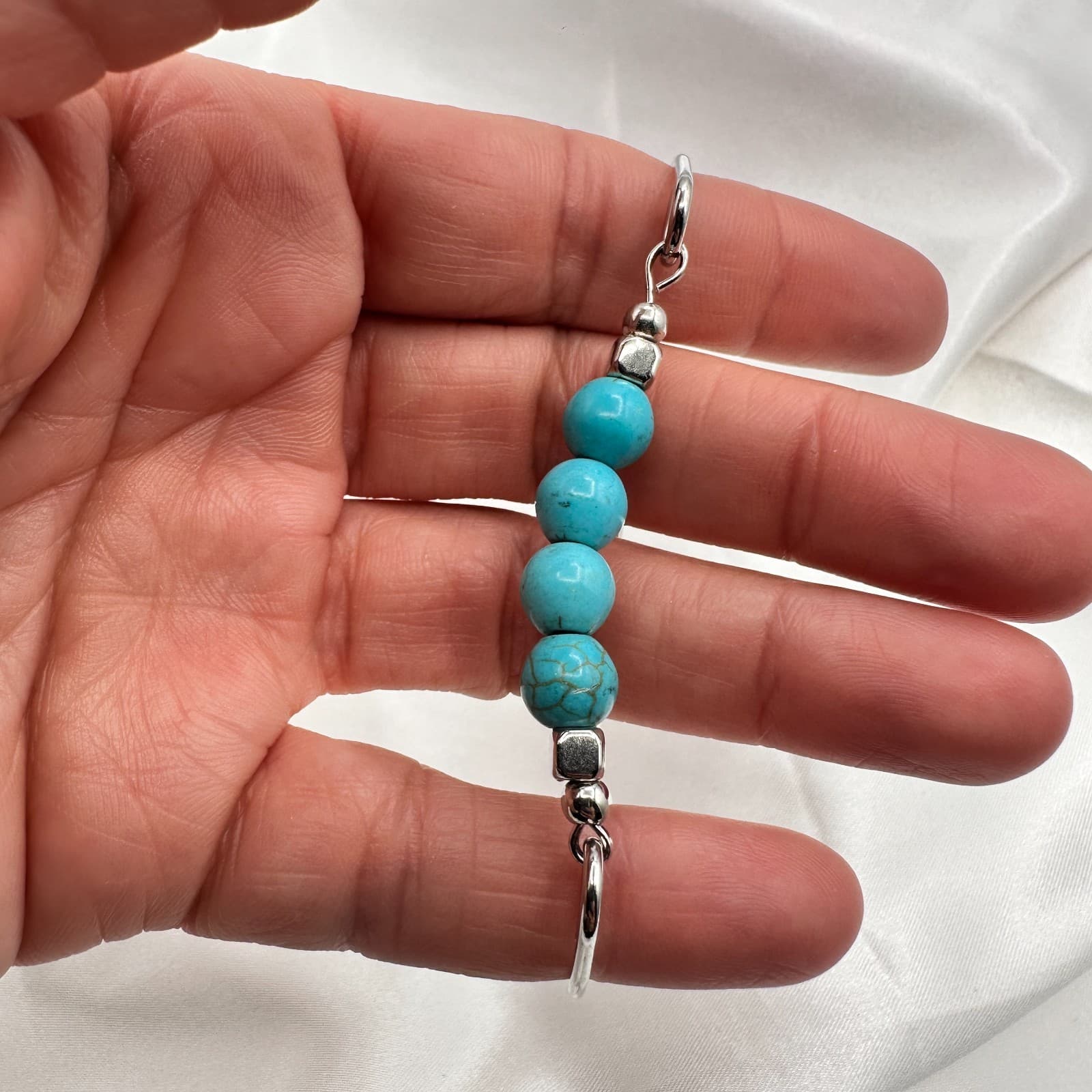 Vintage Y2K Silver Tone Turquoise Round Beaded Bracelet Women's Classic Jewelry - Thumbnail 9