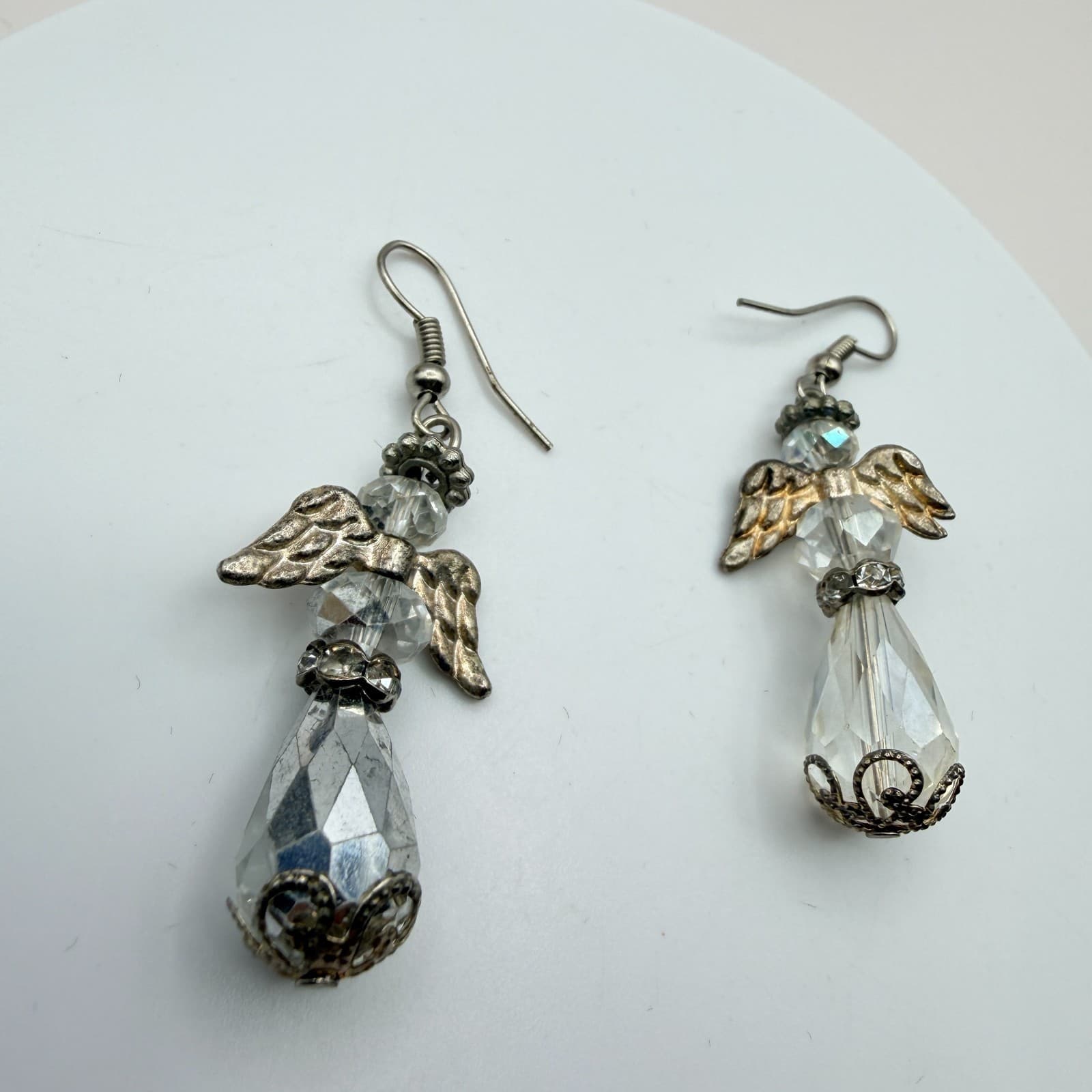 Vintage 90s Silver Tone Guardian Angel Dangle Earrings Clear Glass Teardrop - Thumbnail 4