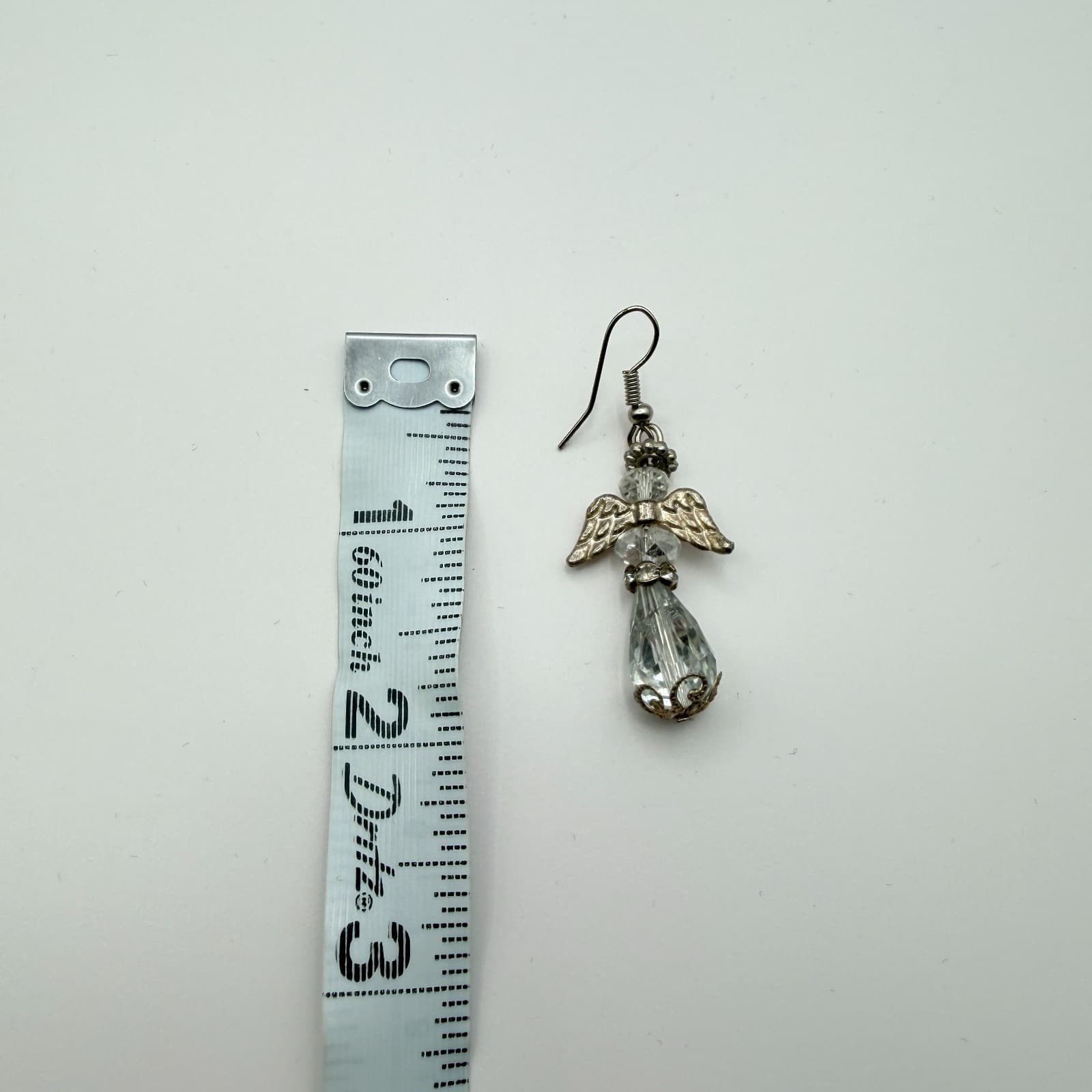 Vintage 90s Silver Tone Guardian Angel Dangle Earrings Clear Glass Teardrop - Thumbnail 7