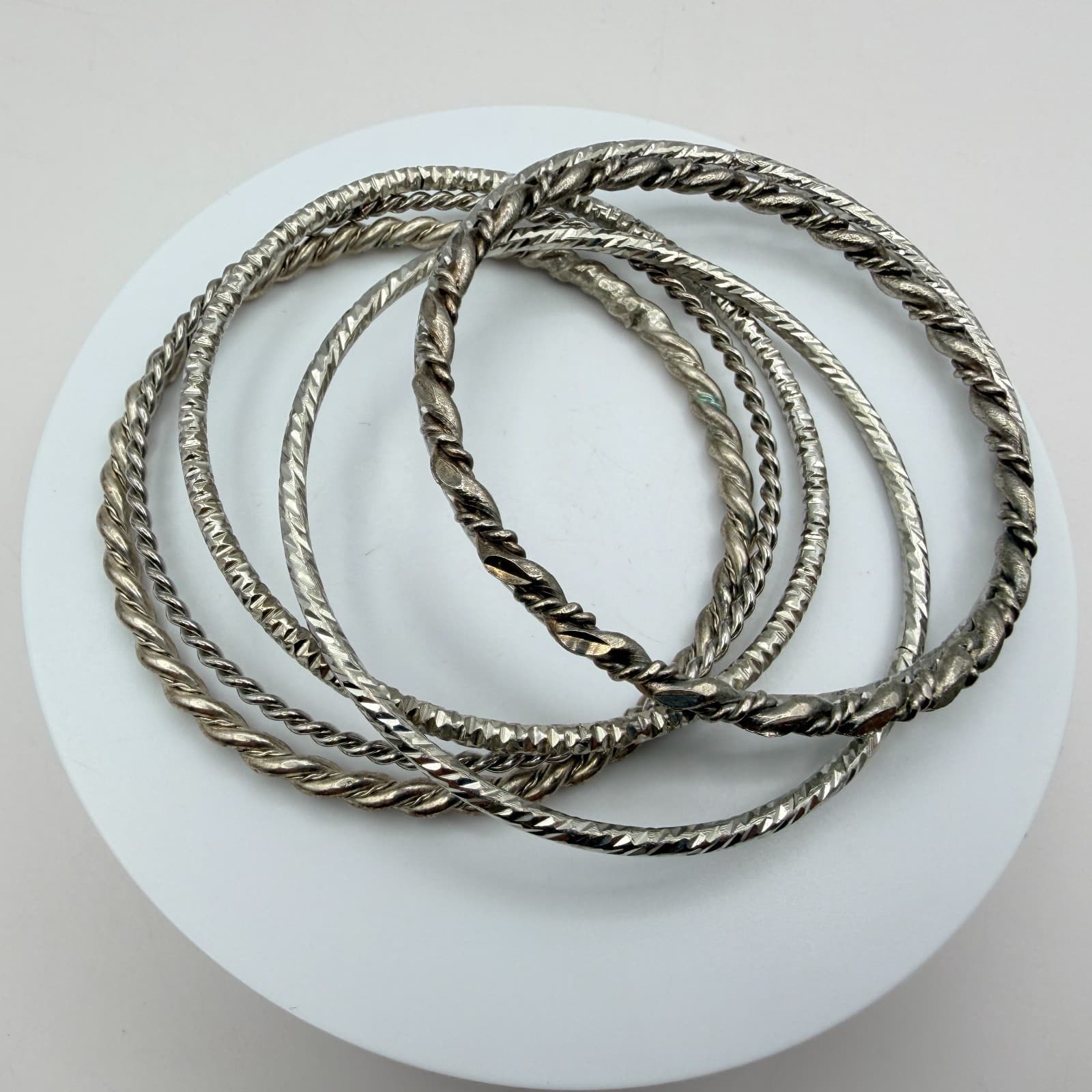 Vintage 90s Silver Tone Twisted Stack Bangles Set Women's Fashion Jewelry - Thumbnail 5