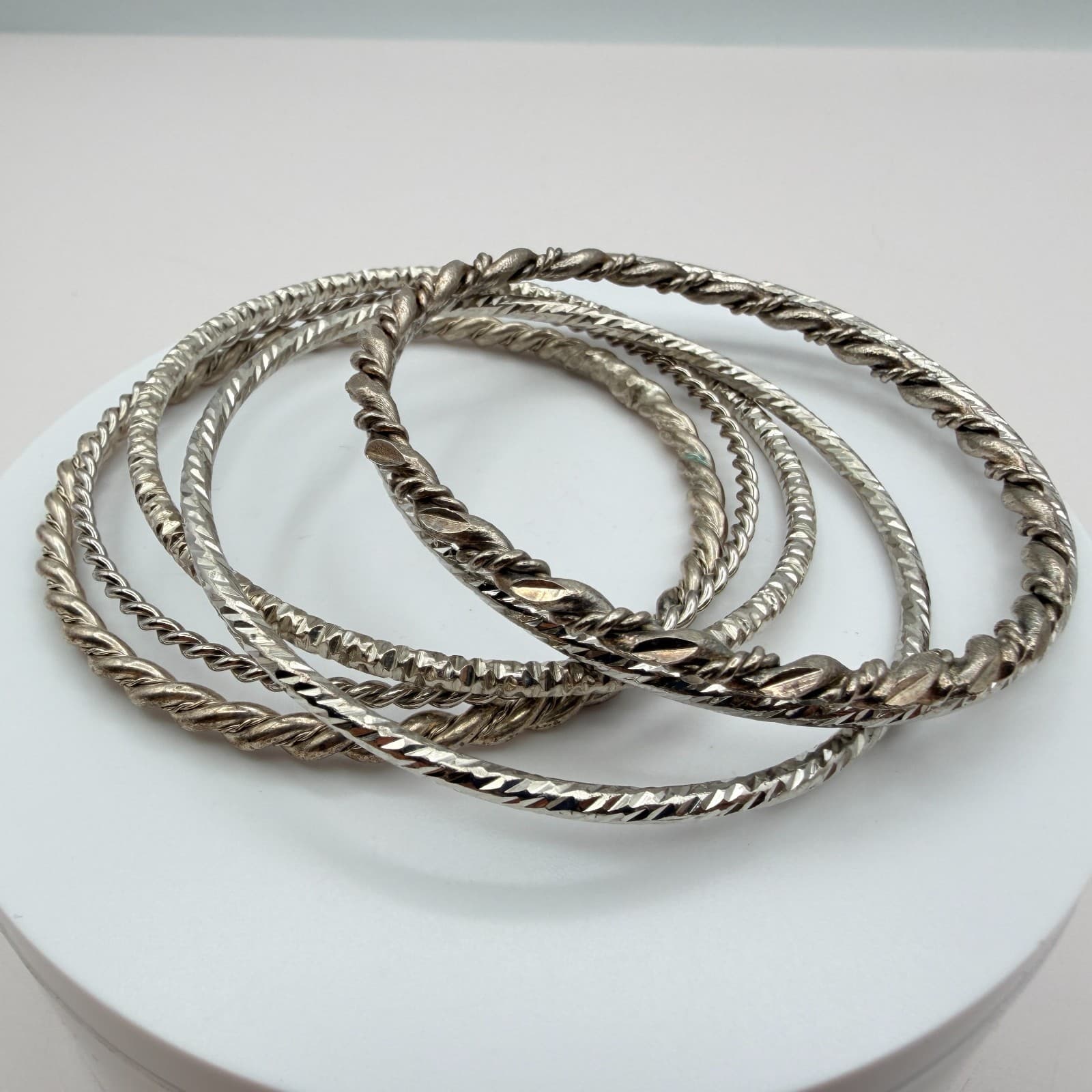 Vintage 90s Silver Tone Twisted Stack Bangles Set Women's Fashion Jewelry - Thumbnail 4