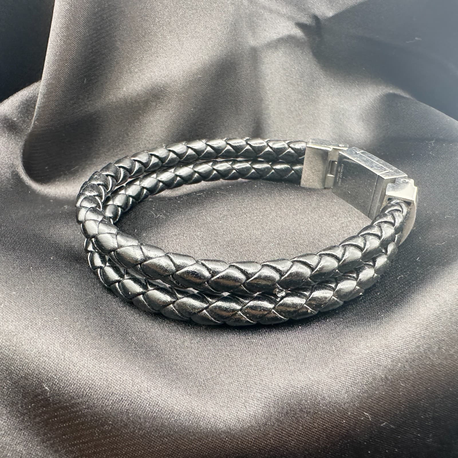 Vintage Y2K Black Double Strand Leather Braided Bracelet Silver Tone Jewelry - Thumbnail 5