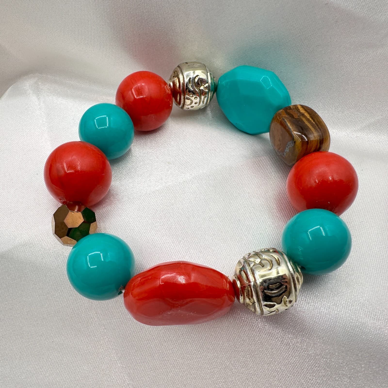 Vintage Y2K Silver Tone Stretch Beaded Bracelet Boho Women's Classic Jewelry - Thumbnail 3