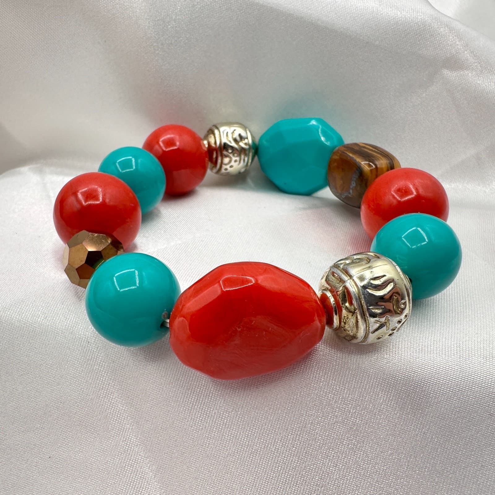 Vintage Y2K Silver Tone Stretch Beaded Bracelet Boho Women's Classic Jewelry - Thumbnail 5