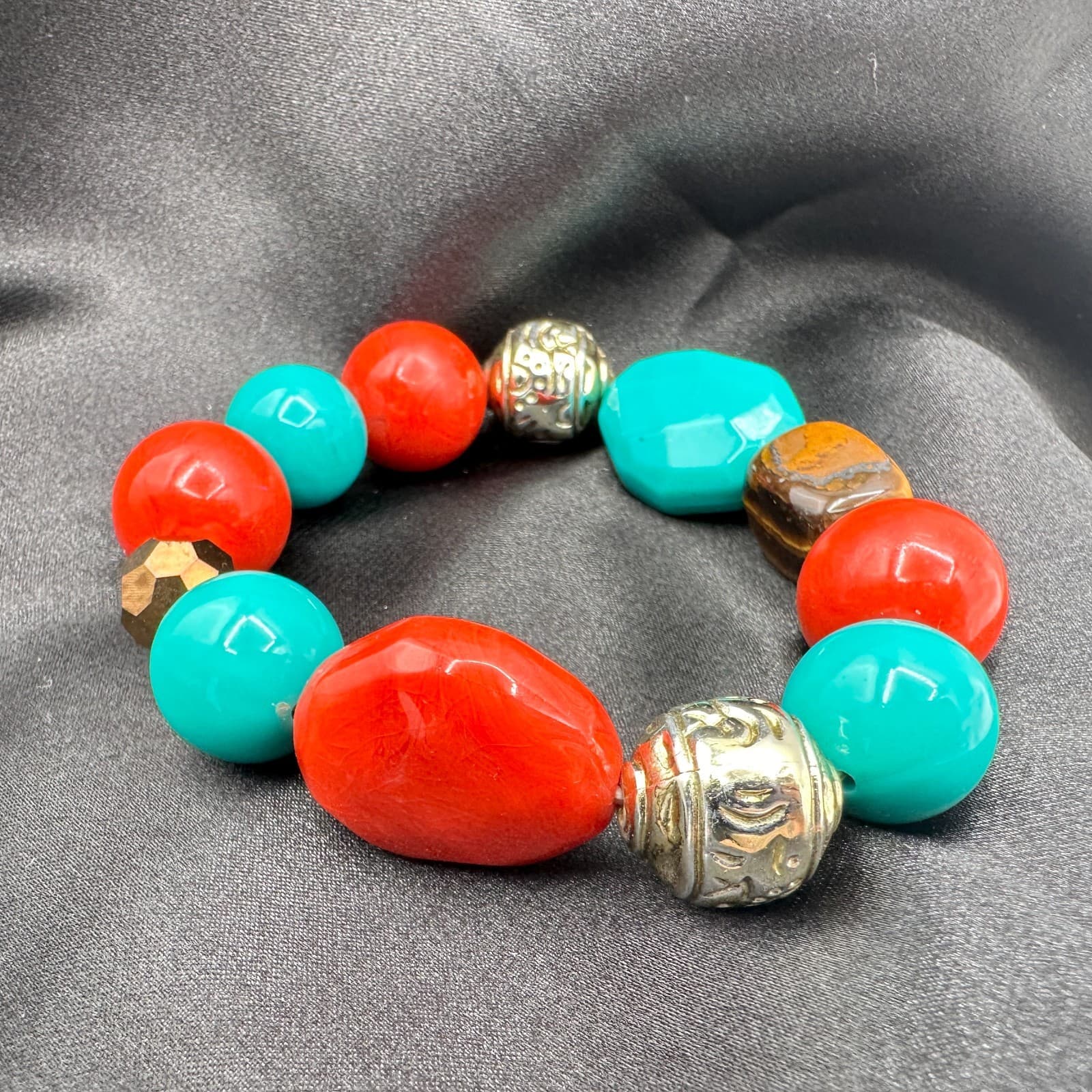 Vintage Y2K Silver Tone Stretch Beaded Bracelet Boho Women's Classic Jewelry - Thumbnail 6