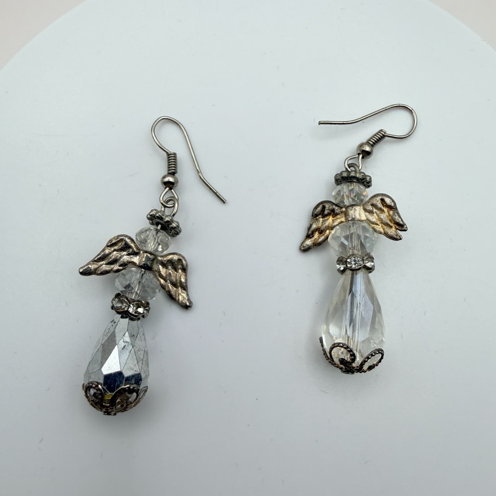 Vintage 90s Silver Tone Guardian Angel Dangle Earrings Clear Glass Teardrop - Image 1