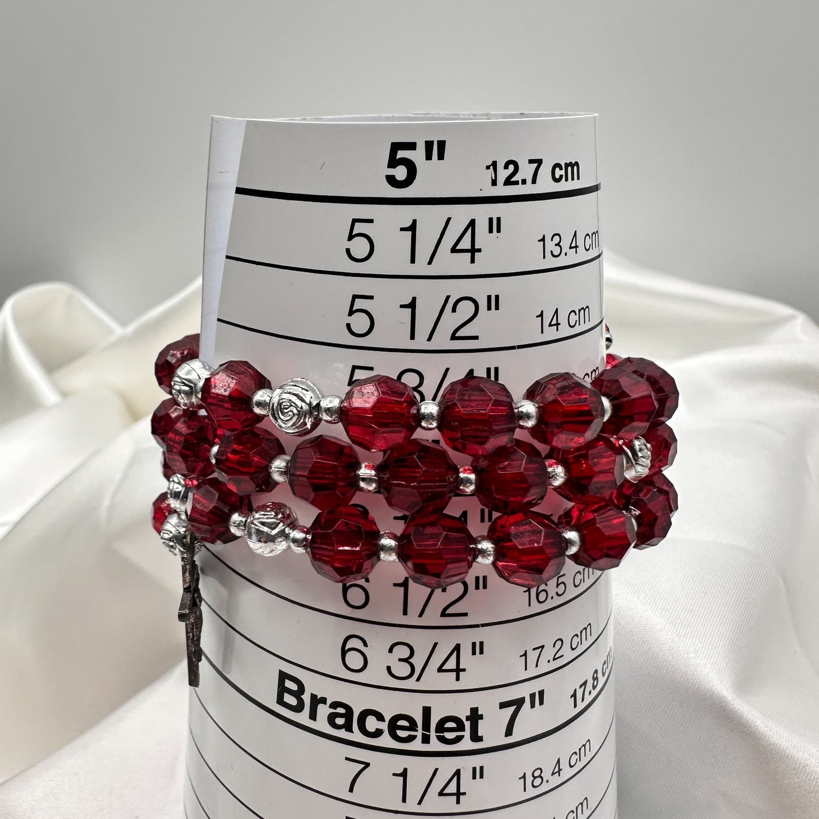 Vintage Y2K Silver Tone Crucifix Charm Beaded Memory Wire Wrap Bracelet Jewelry - Thumbnail 11