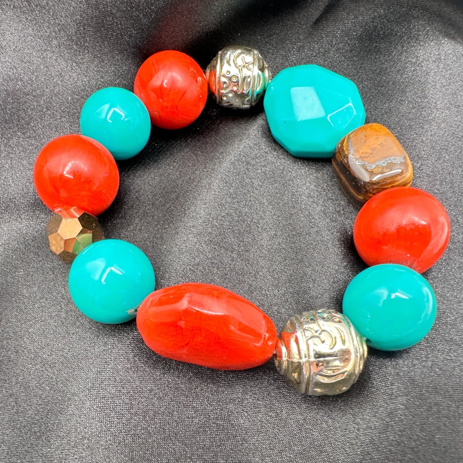 Vintage Y2K Silver Tone Stretch Beaded Bracelet Boho Women's Classic Jewelry - Thumbnail 8