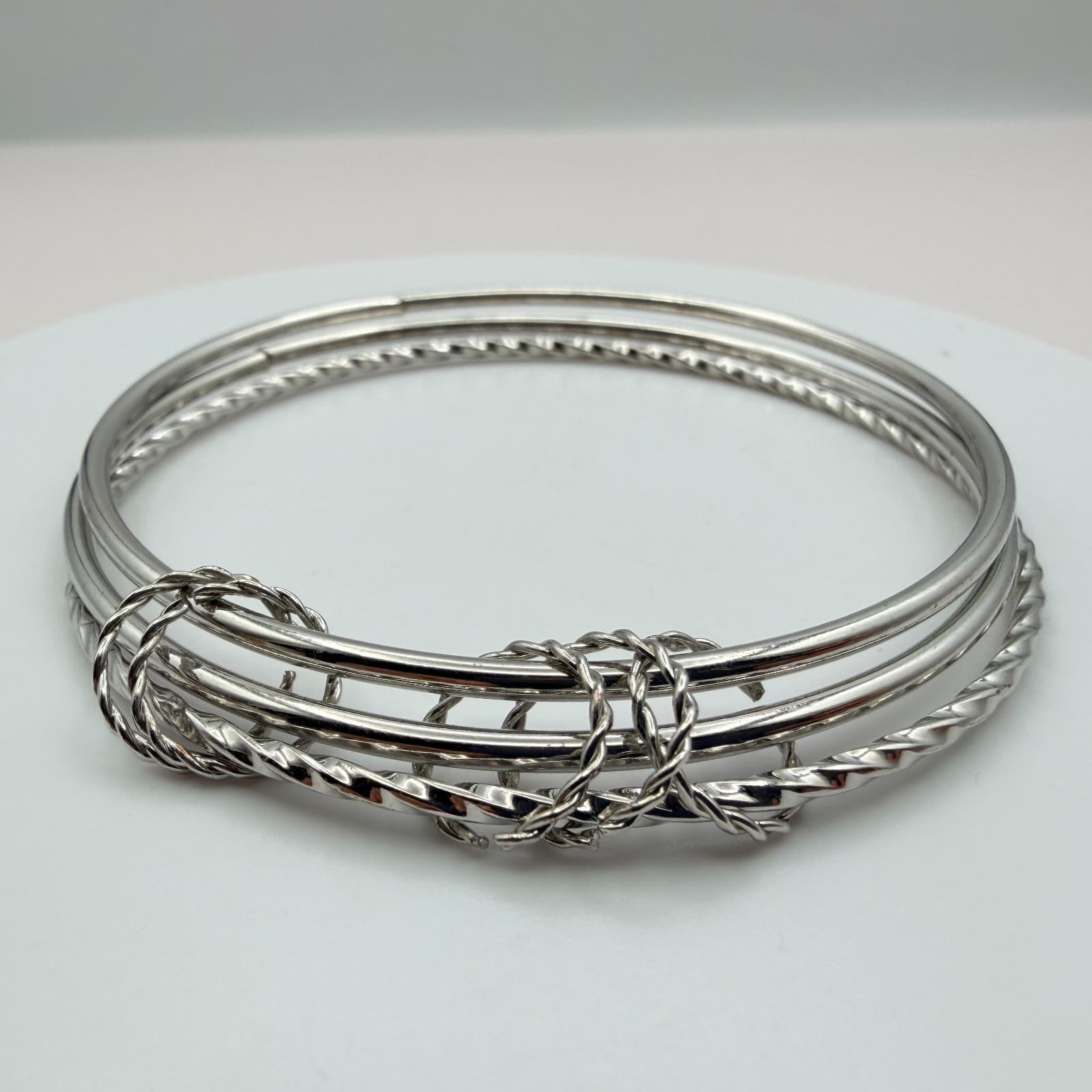 Vintage Y2K Silver Tone Stack Twisted Smooth Bracelet Women's Classic Jewelry - Thumbnail 3