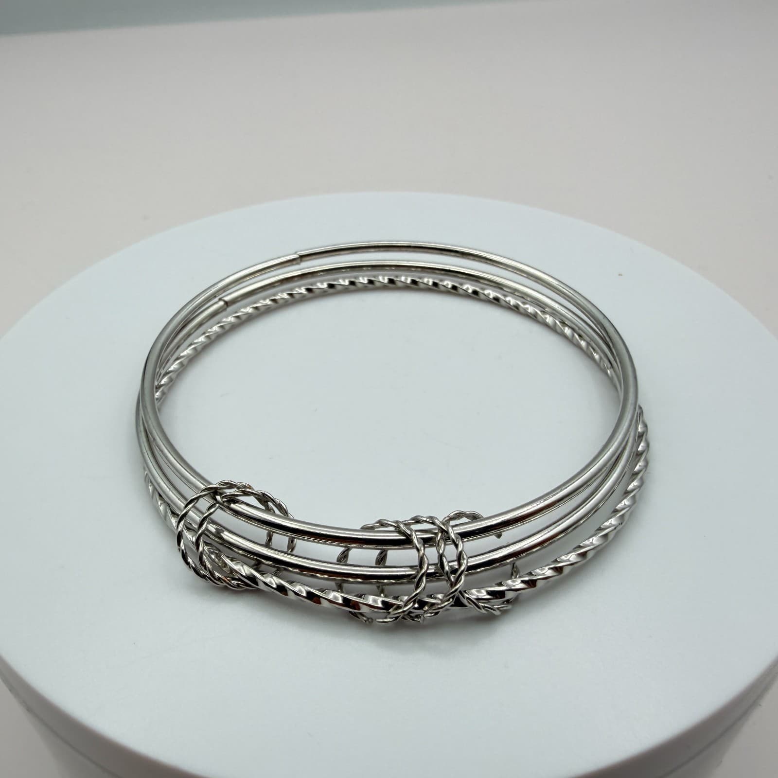 Vintage Y2K Silver Tone Stack Twisted Smooth Bracelet Women's Classic Jewelry - Thumbnail 2