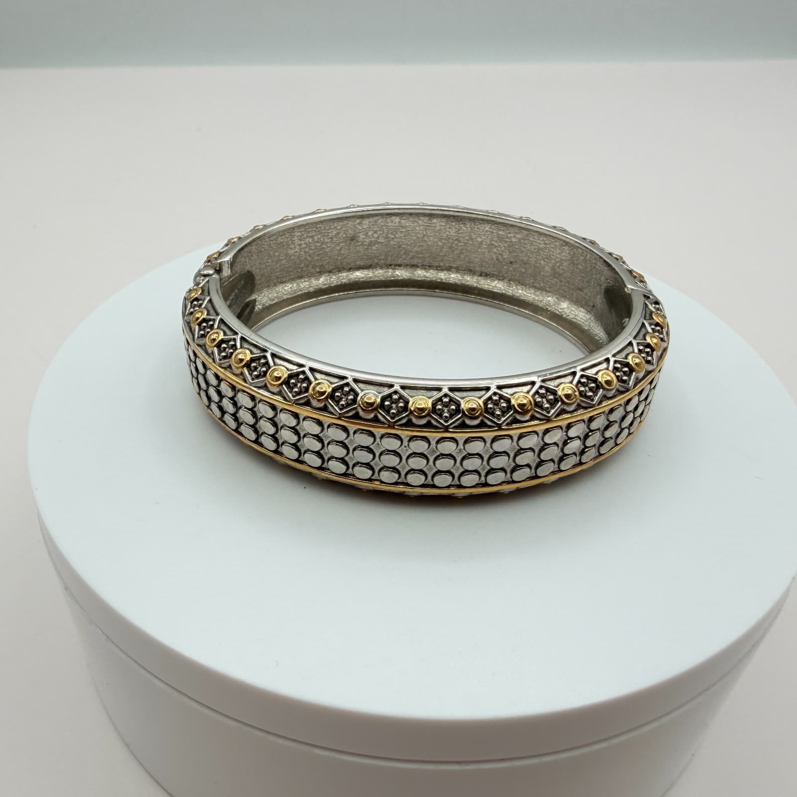 Vintage 90s Silver Gold Tone Geometric Studded Bangle Bracelet Classic Jewelry - Thumbnail 2