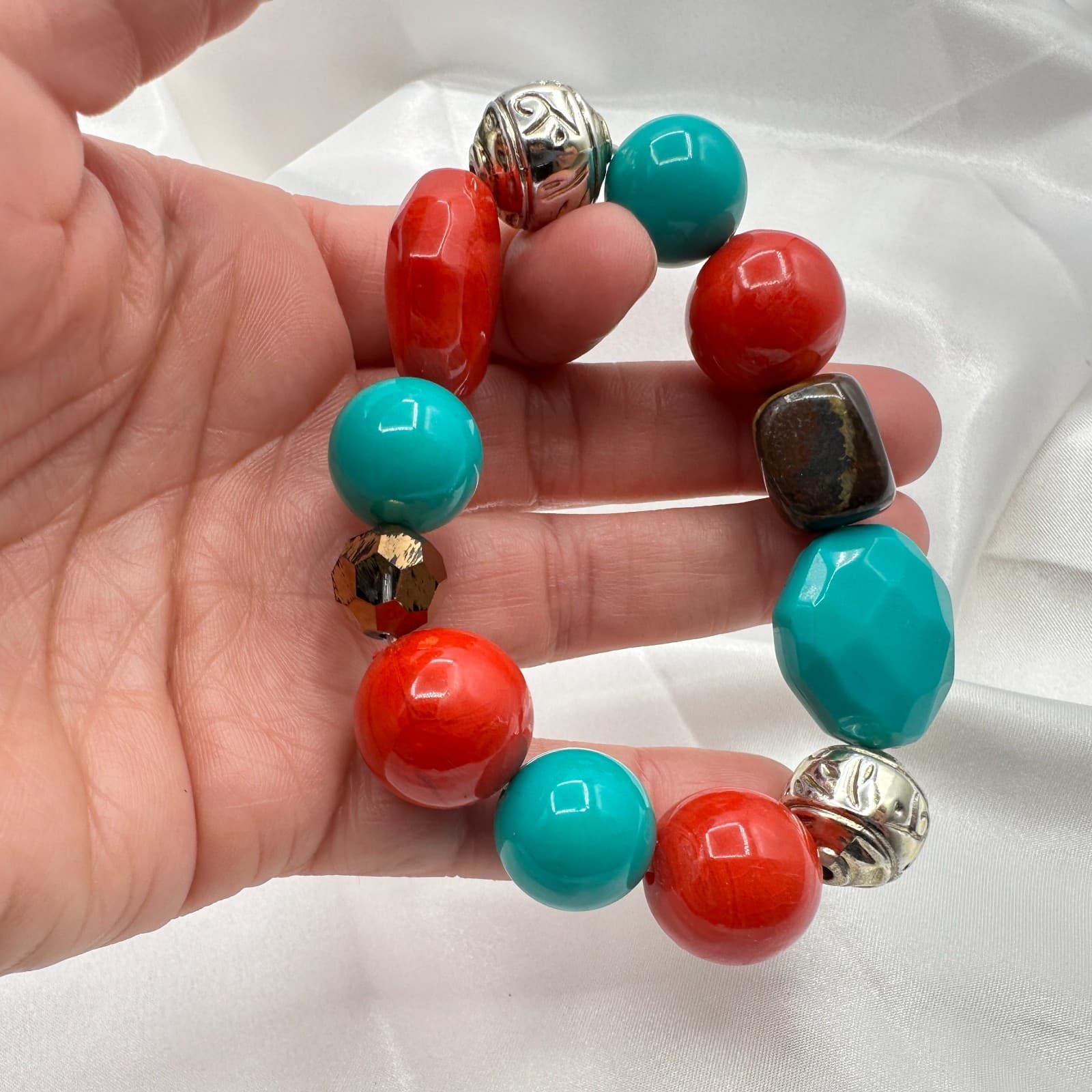 Vintage Y2K Silver Tone Stretch Beaded Bracelet Boho Women's Classic Jewelry - Thumbnail 9