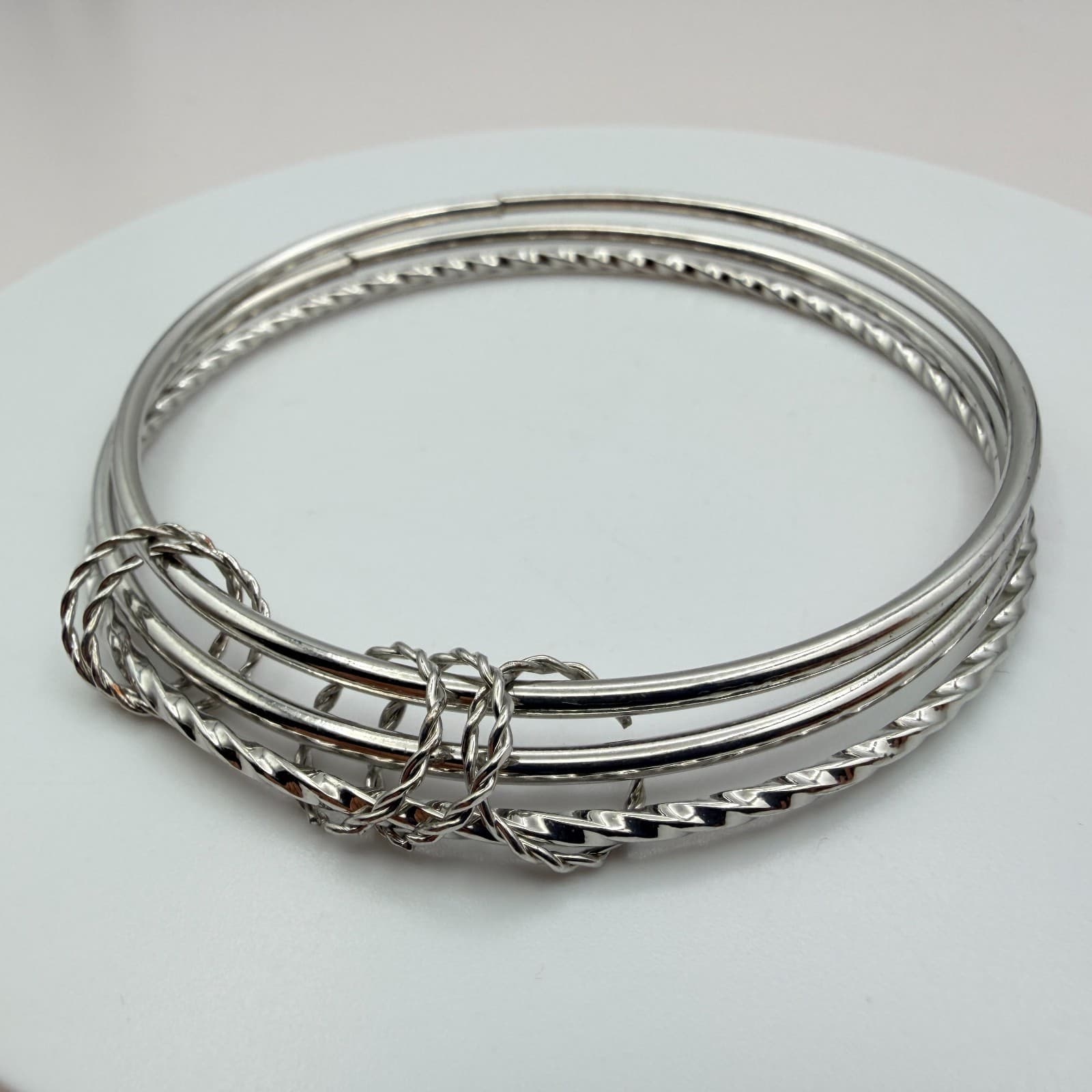 Vintage Y2K Silver Tone Stack Twisted Smooth Bracelet Women's Classic Jewelry - Thumbnail 7