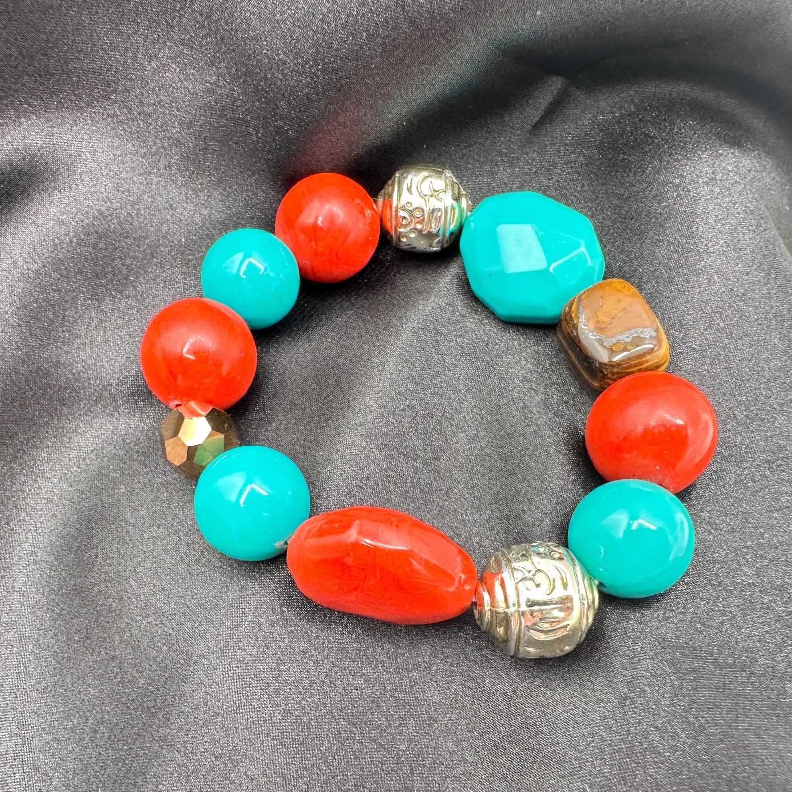 Vintage Y2K Silver Tone Stretch Beaded Bracelet Boho Women's Classic Jewelry - Thumbnail 7