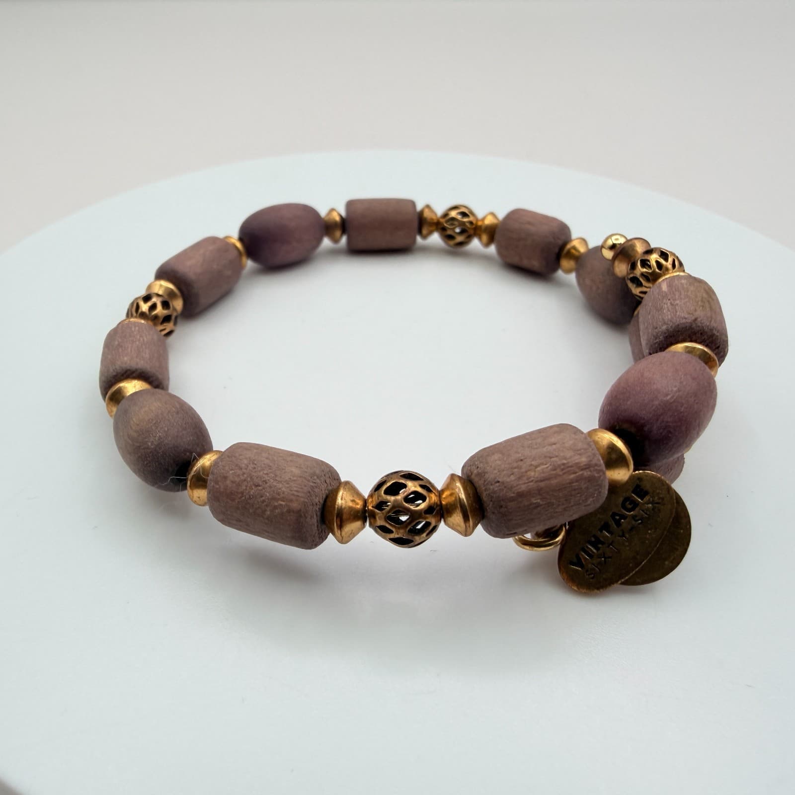 Vintage 66 Gold Tone Wooden Beaded Boho Bracelet Women's Classic Jewelry - Thumbnail 5