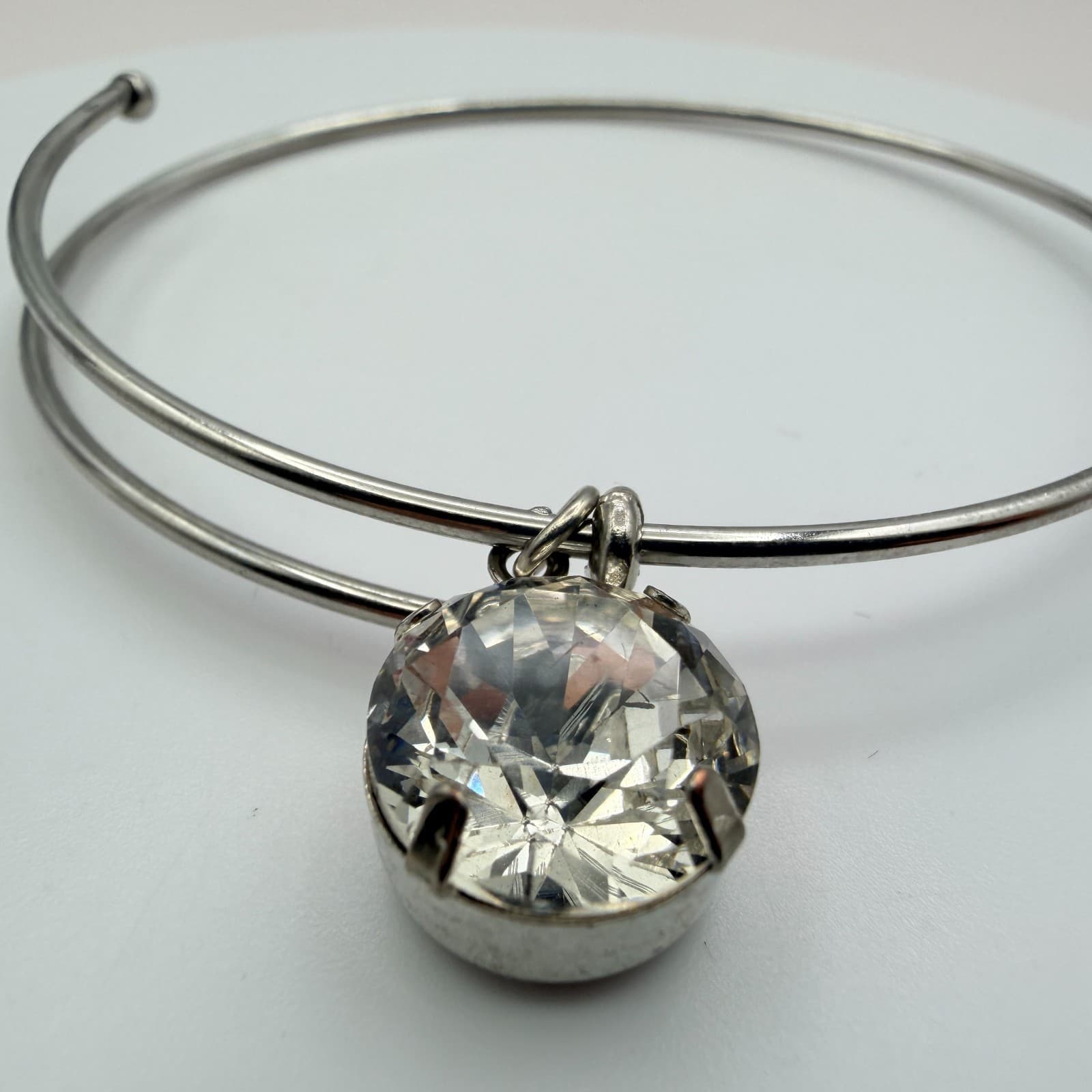 Vintage Y2K Silver Tone Clear Rhinestone Charm Bangle Women's Classic Jewelry - Thumbnail 4