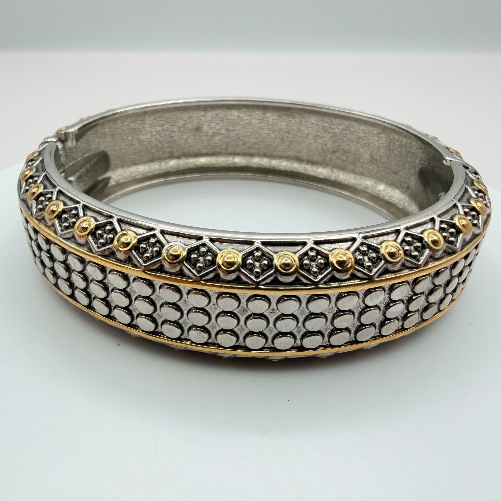 Vintage 90s Silver Gold Tone Geometric Studded Bangle Bracelet Classic Jewelry - Image 1