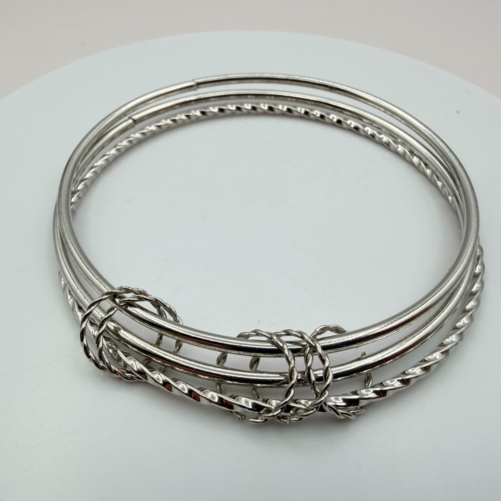 Vintage Y2K Silver Tone Stack Twisted Smooth Bracelet Women's Classic Jewelry - Thumbnail 6