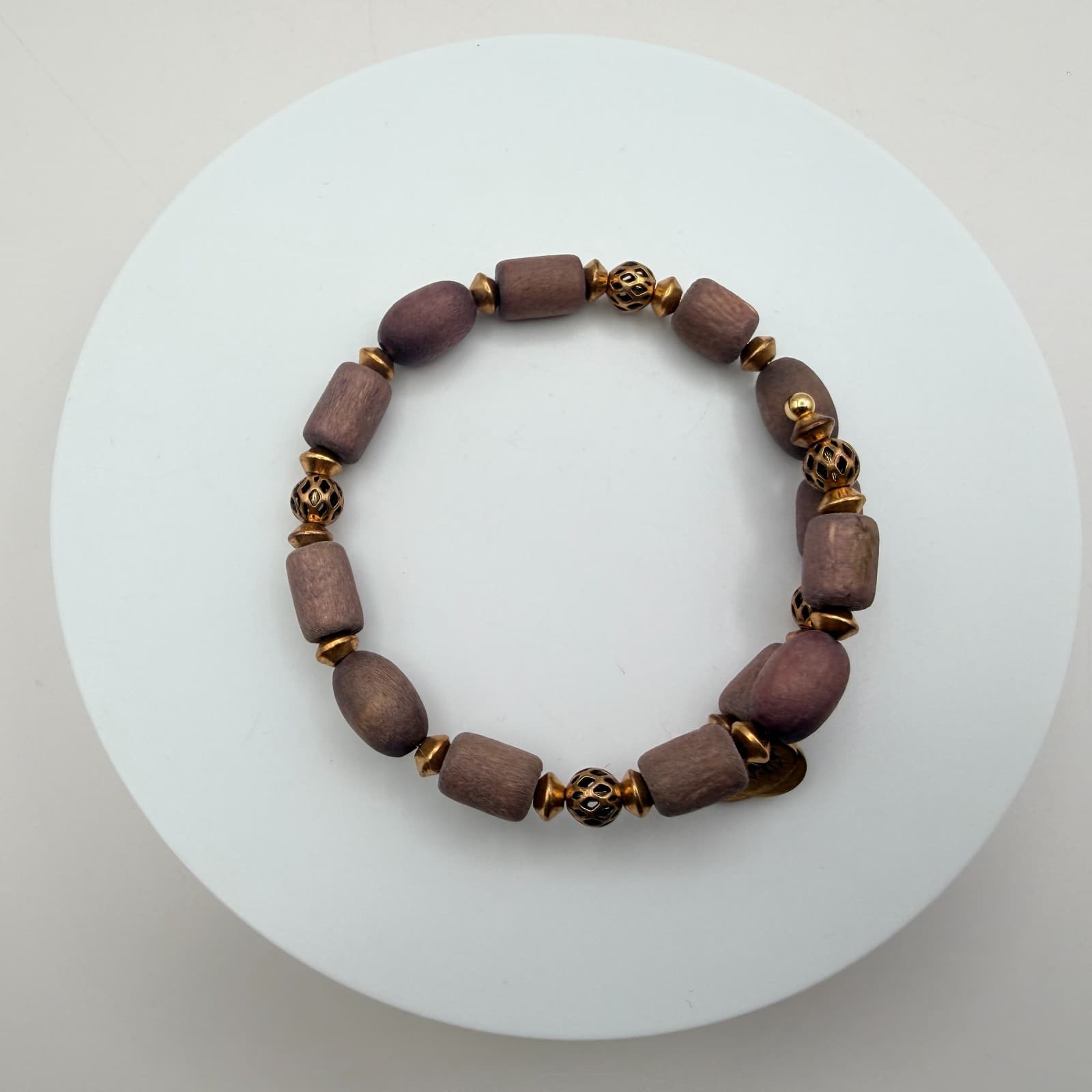 Vintage 66 Gold Tone Wooden Beaded Boho Bracelet Women's Classic Jewelry - Thumbnail 6